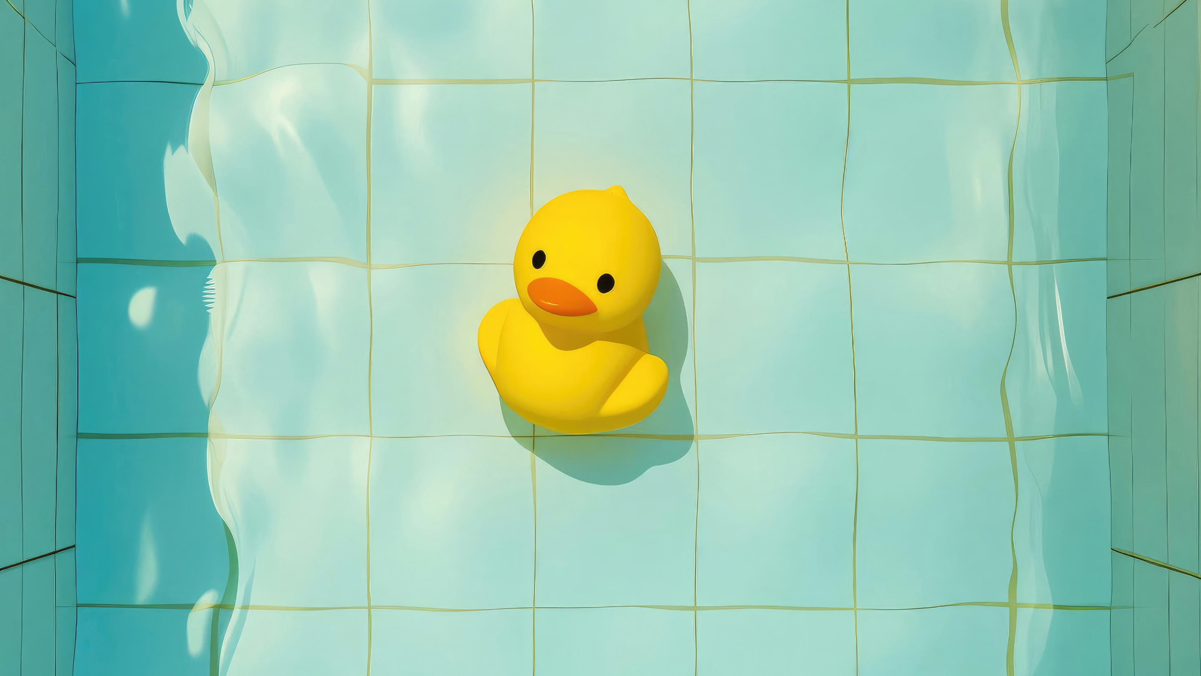 Yellow rubber ducky floating in a tiled pool HD Wallpaper