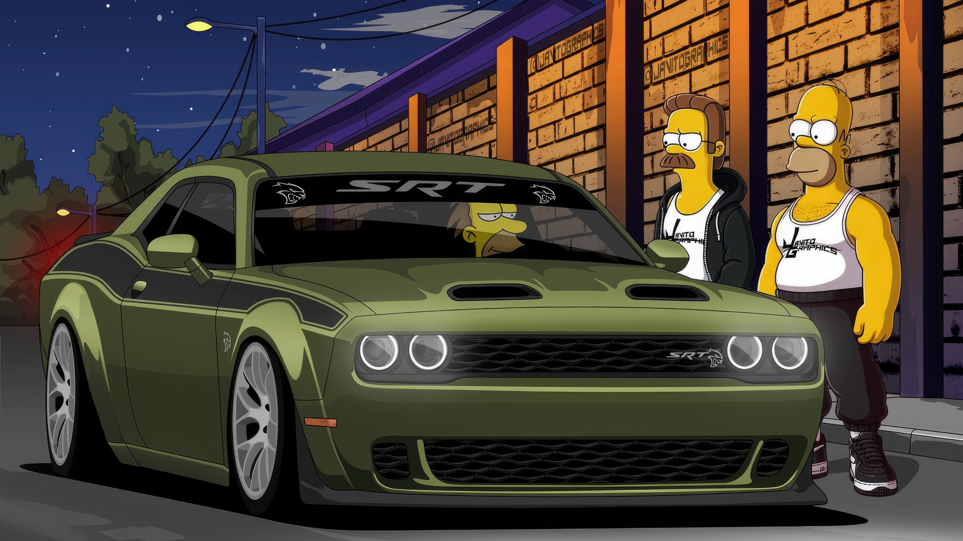 Simpsons characters with a Dodge Challenger SRT HD Wallpaper