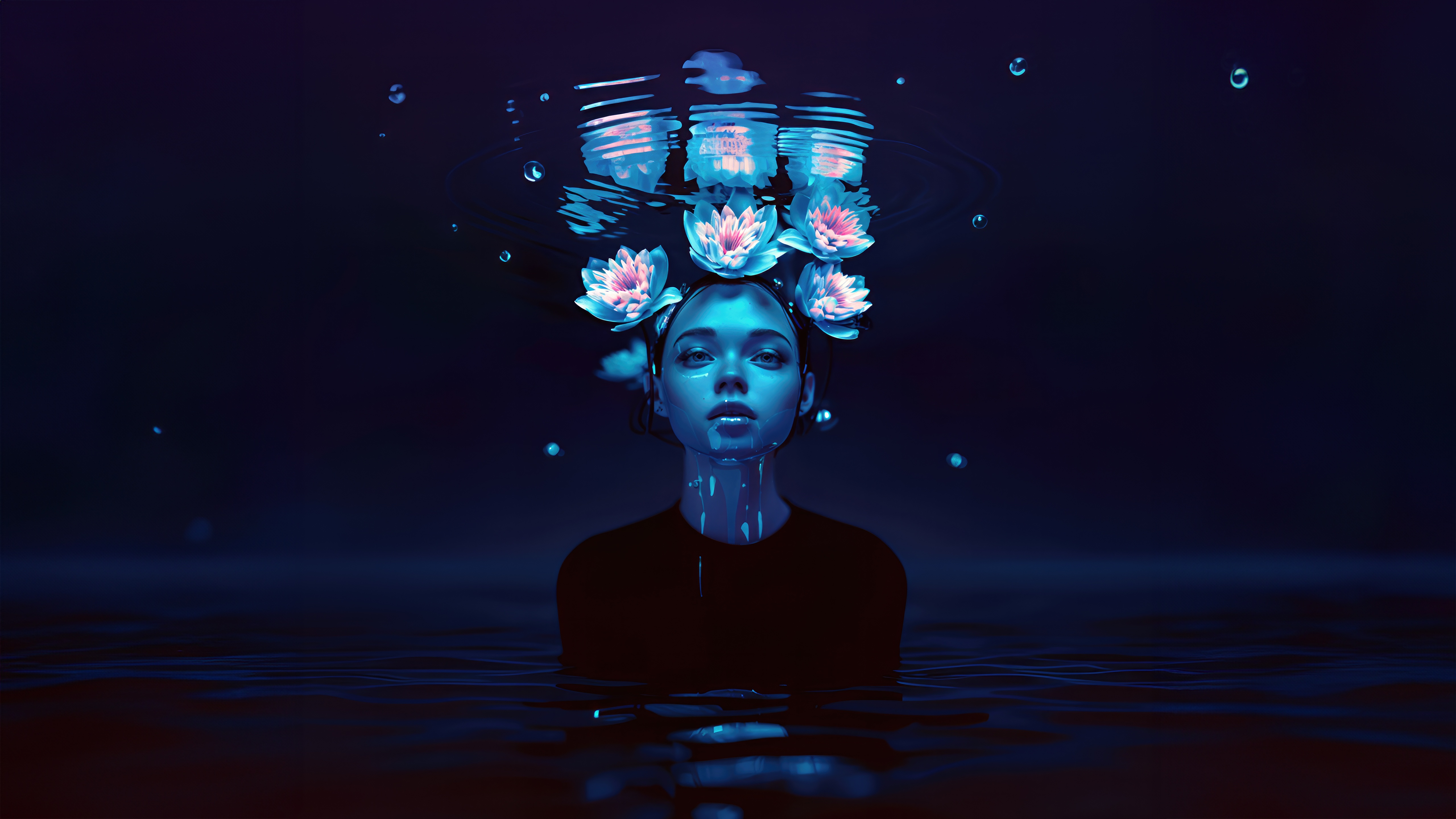Woman with flowers submerged in water HD Wallpaper