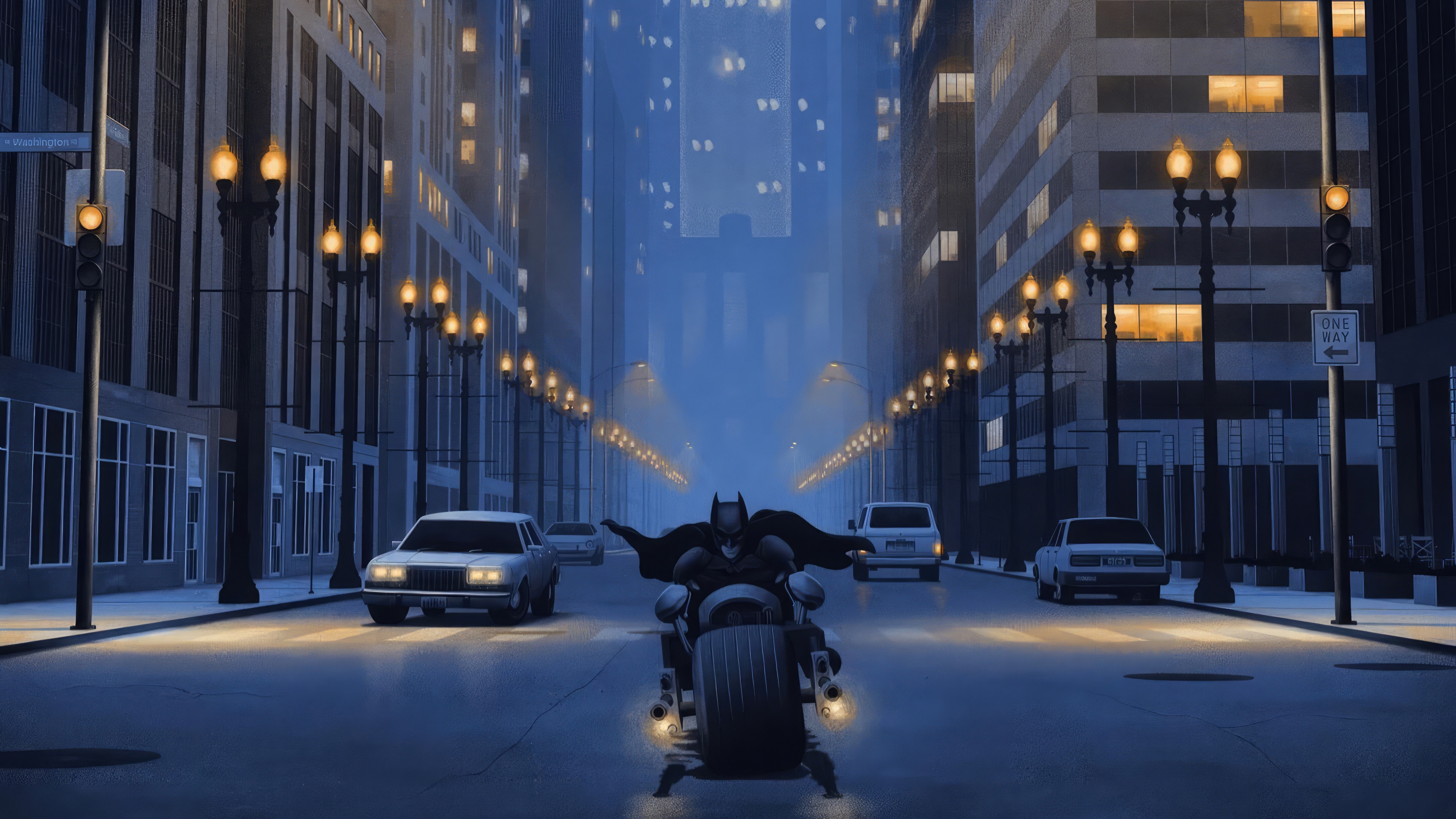 Batman on Batpod in Gotham City HD Wallpaper