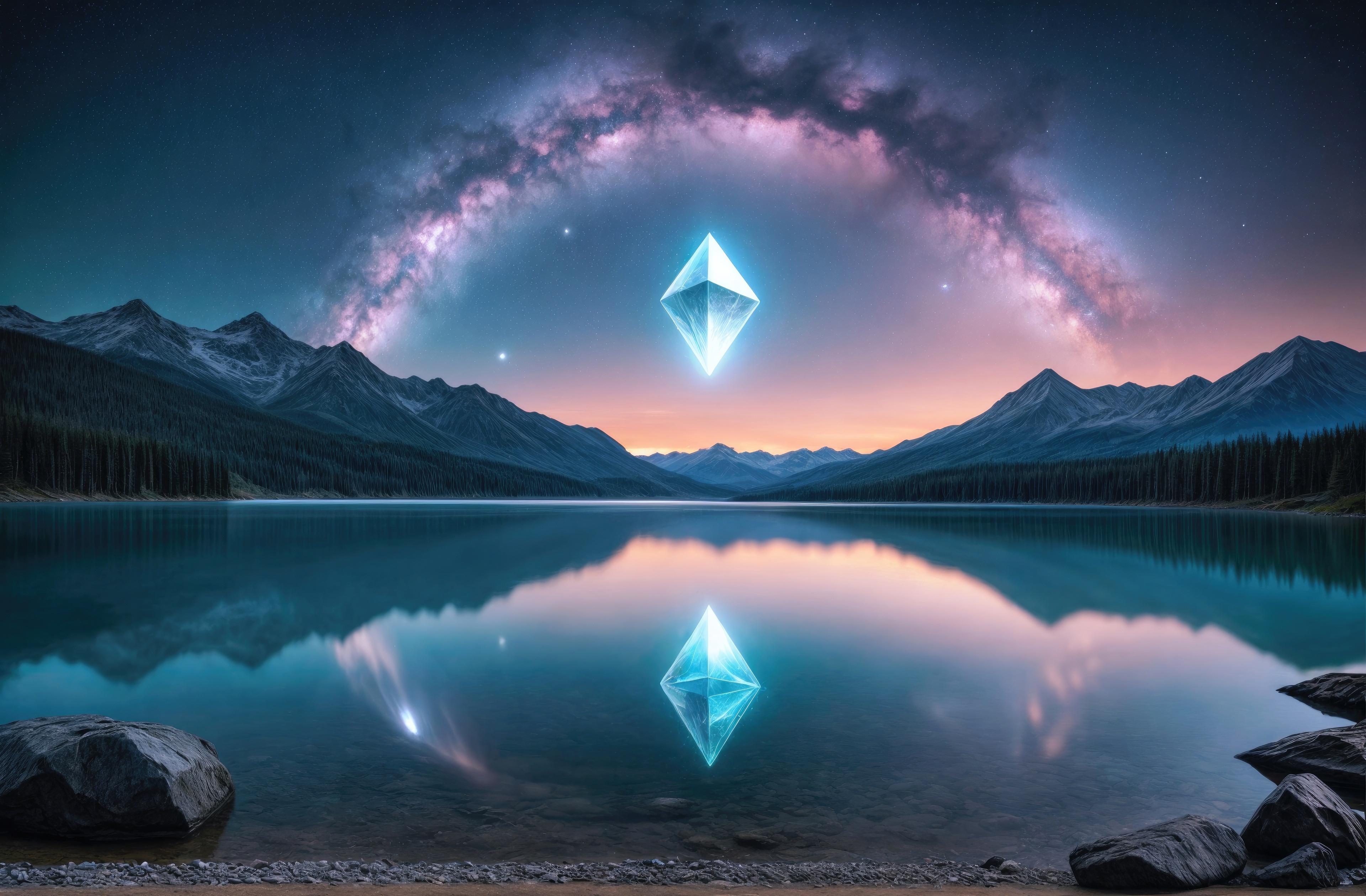 Cosmic Morning Over a Mountain Lake with Crystal HD Wallpaper