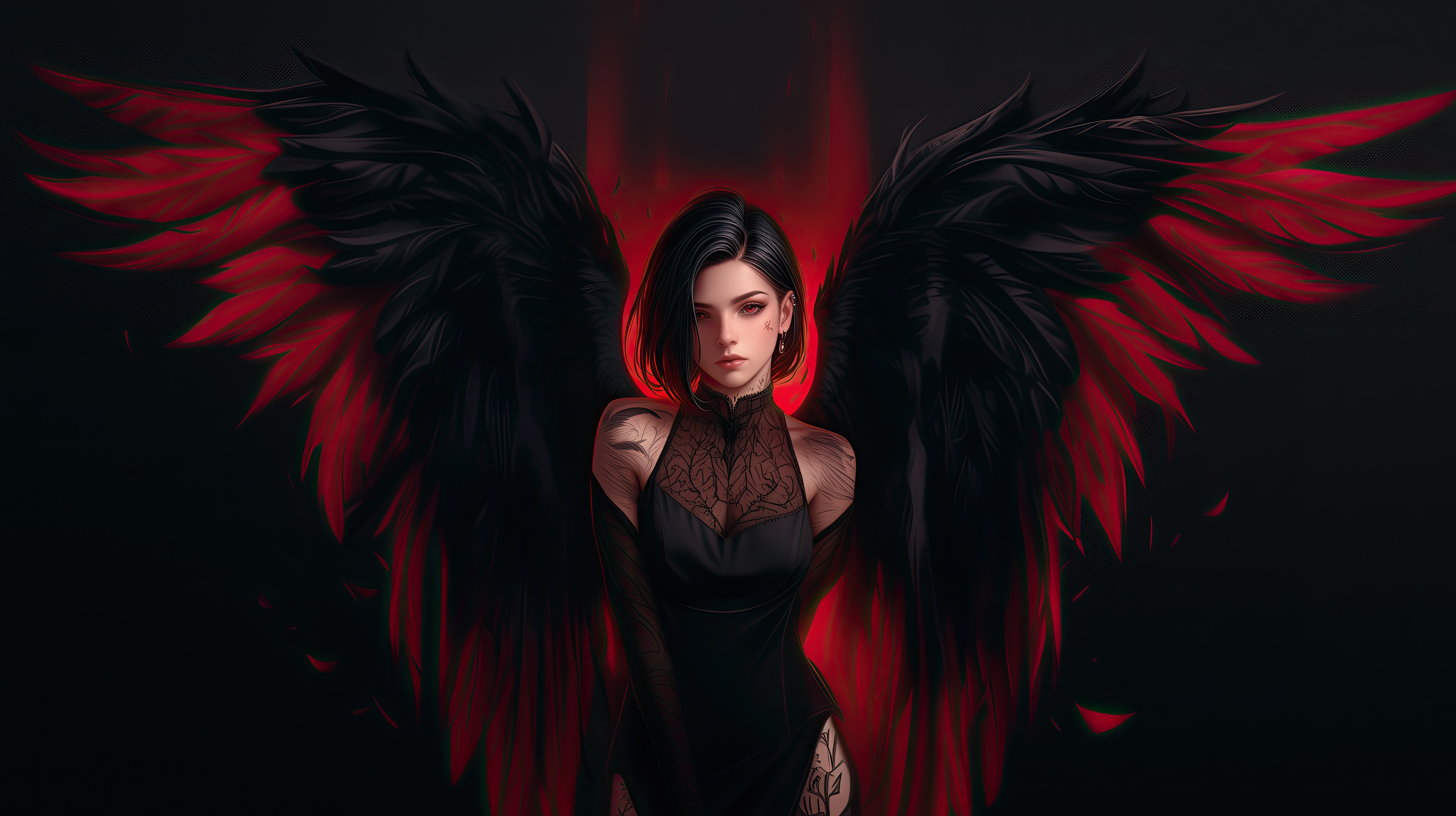 Dark Goth Angel with Black and Red Wings HD Wallpaper