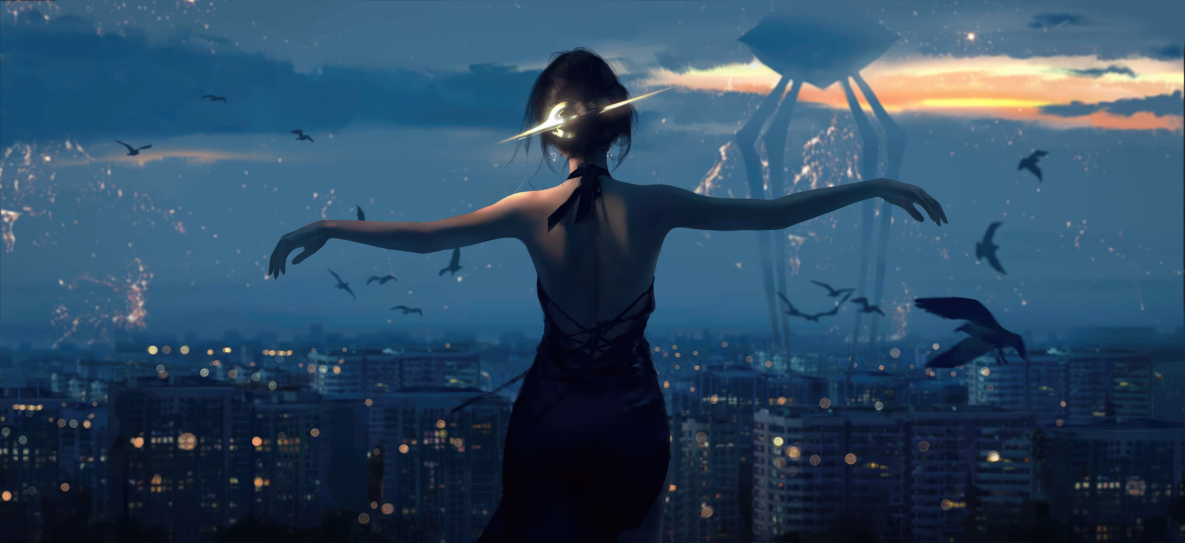 Woman in a dress with a glowing headpiece HD Wallpaper