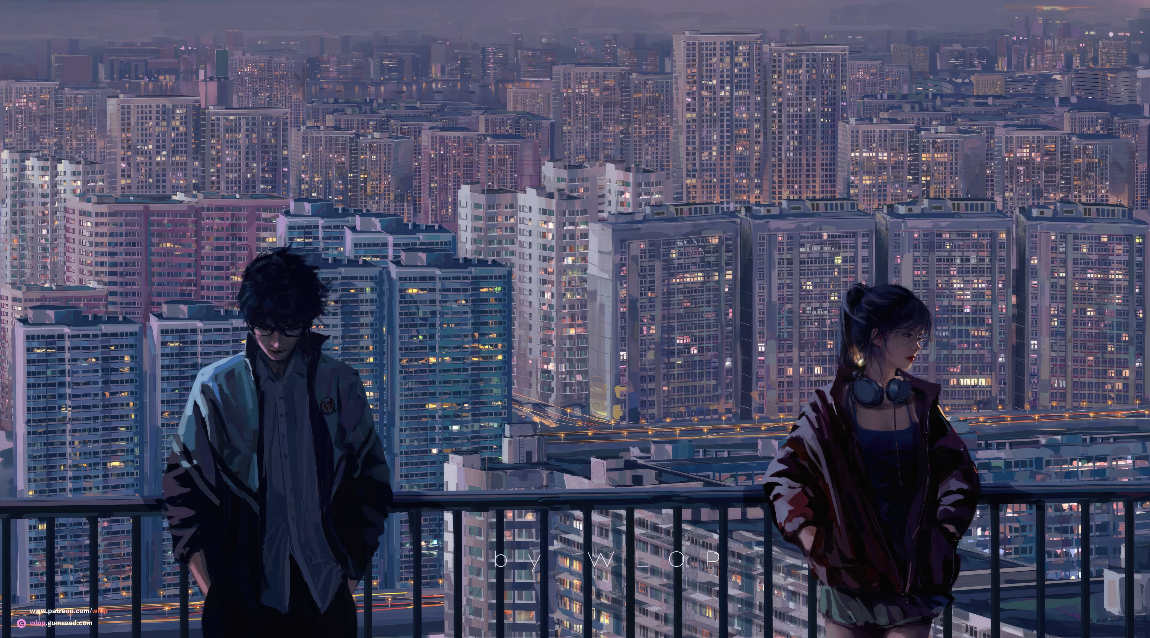 Two figures stand on a balcony overlooking a city at dusk. HD Wallpaper