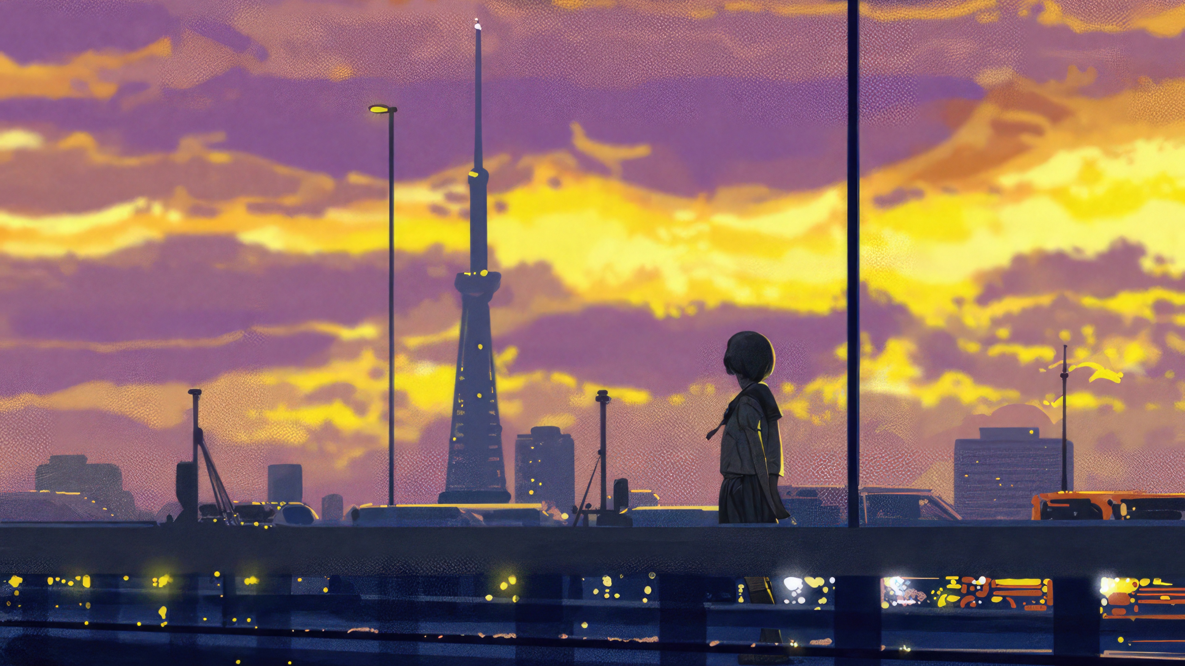 Girl walking alone on a bridge at sunset HD Wallpaper