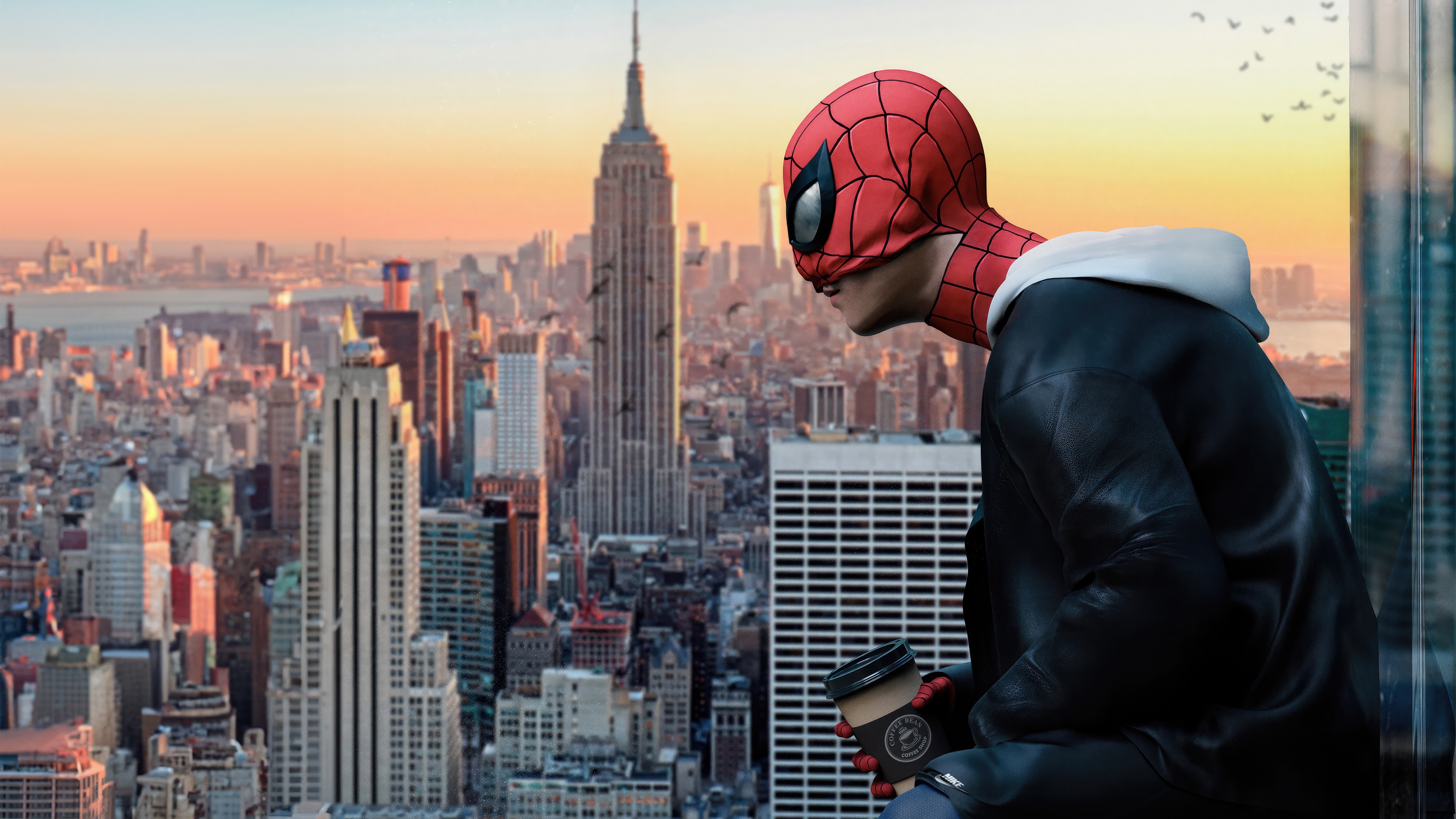 Spider-Man on a coffee break overlooking New York City HD Wallpaper