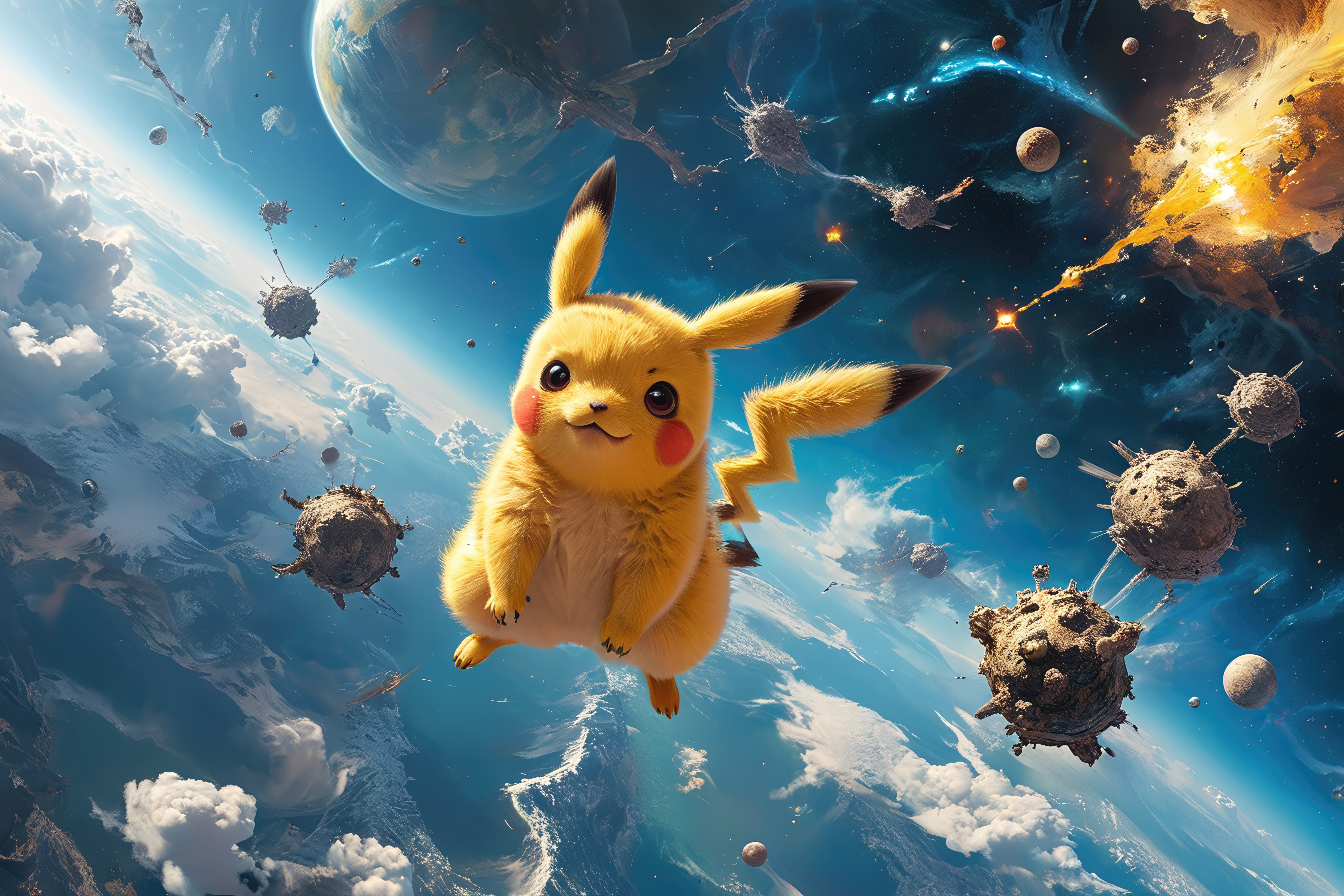 Pikachu in a cosmic battle with alien-like creatures HD Wallpaper