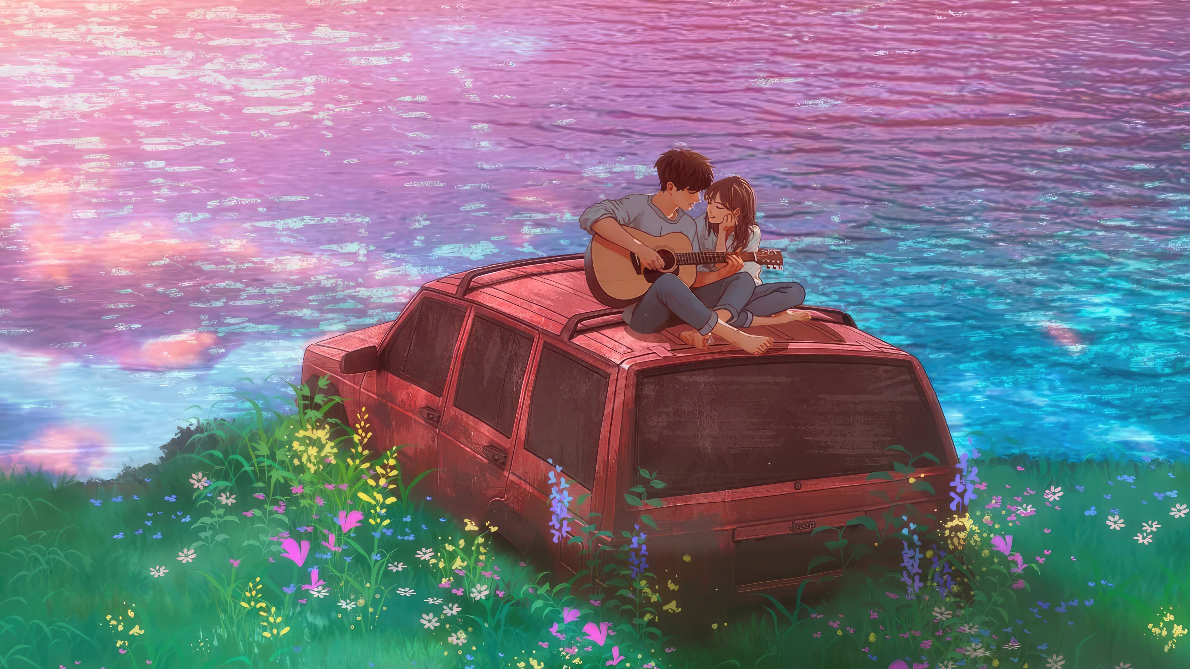 Couple Playing Guitar on Car by Water HD Wallpaper