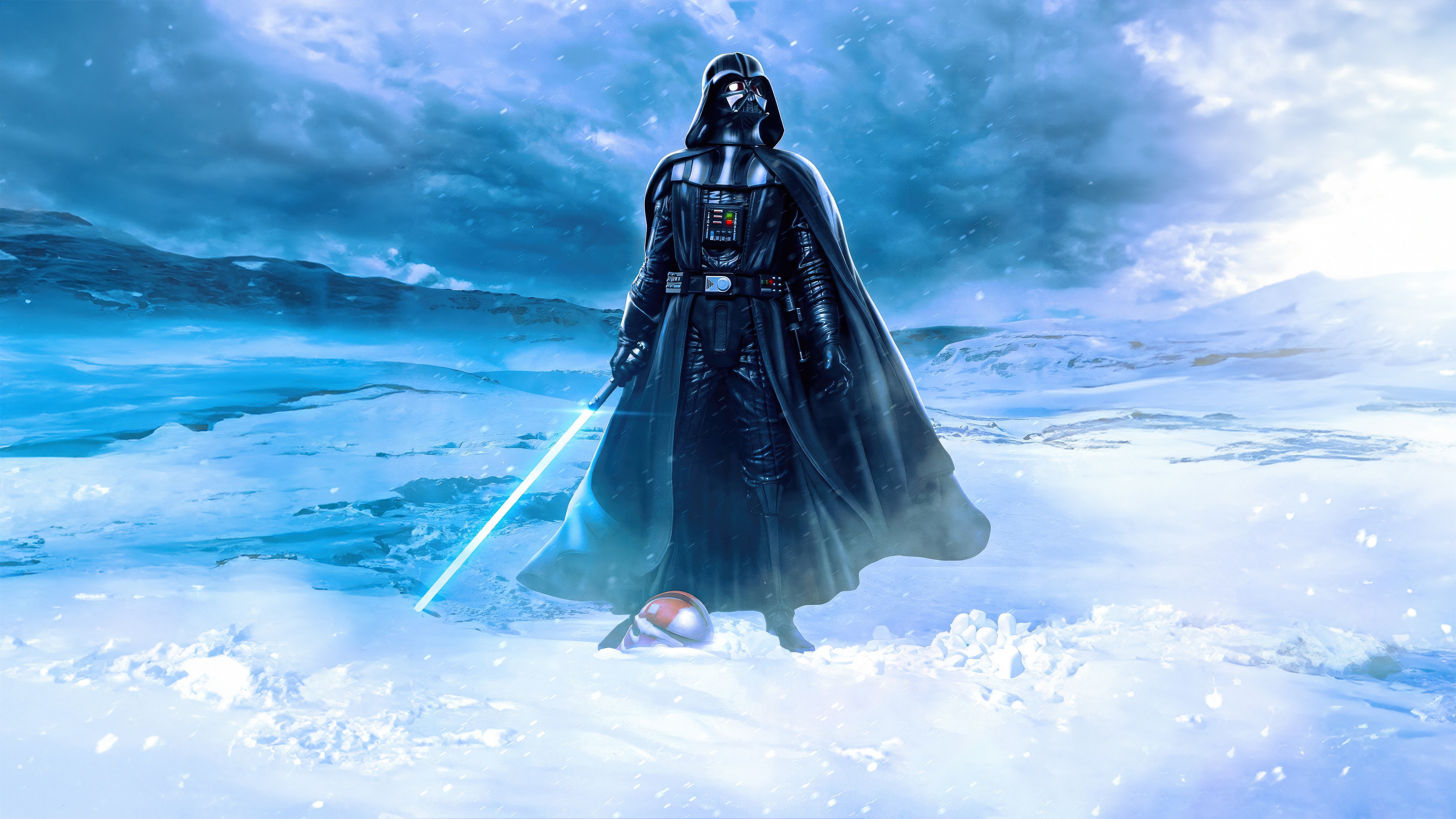 Darth Vader with Lightsaber in Snowy Landscape HD Wallpaper