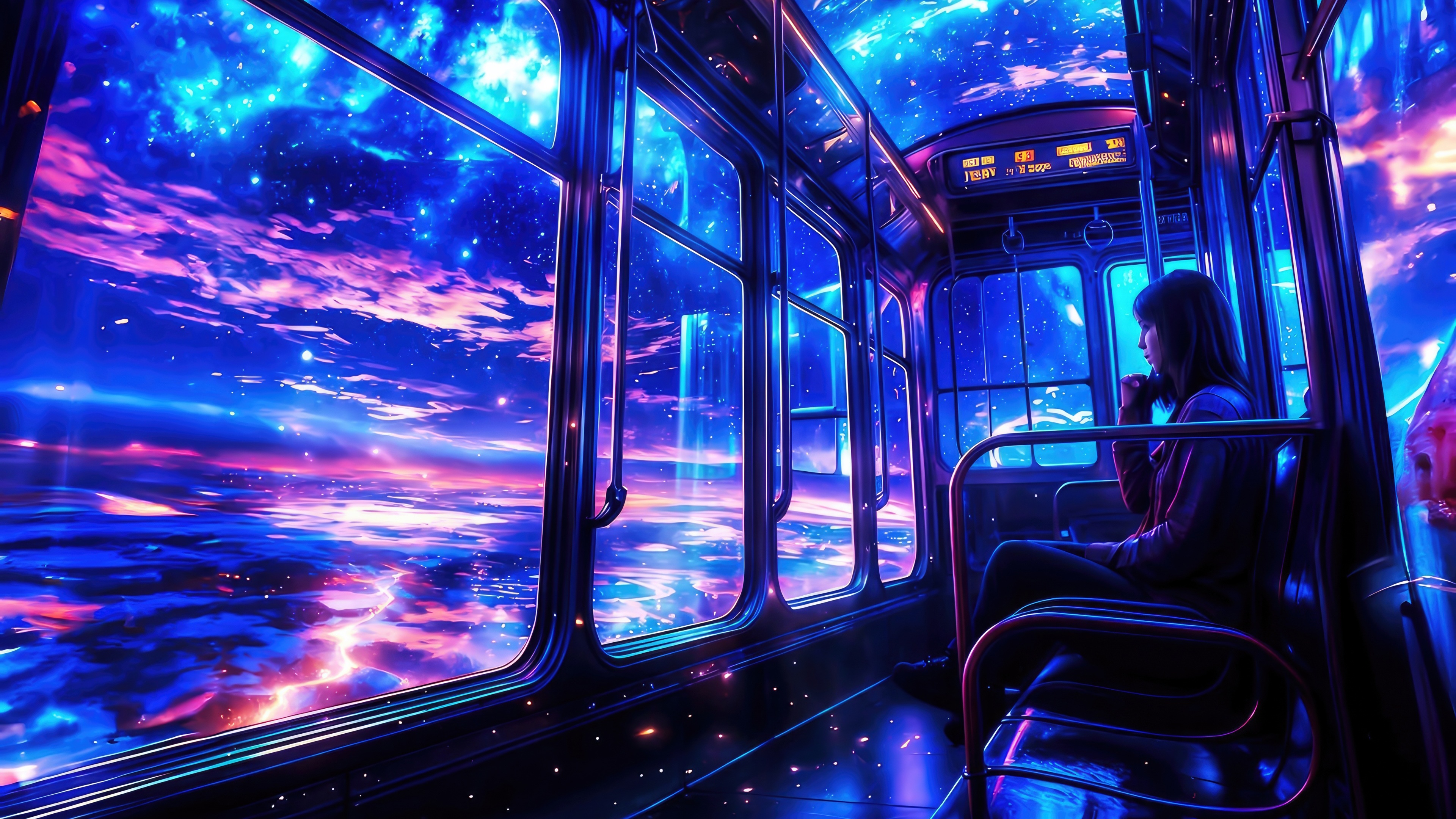 Girl on a space train looking out at a galaxy HD Wallpaper