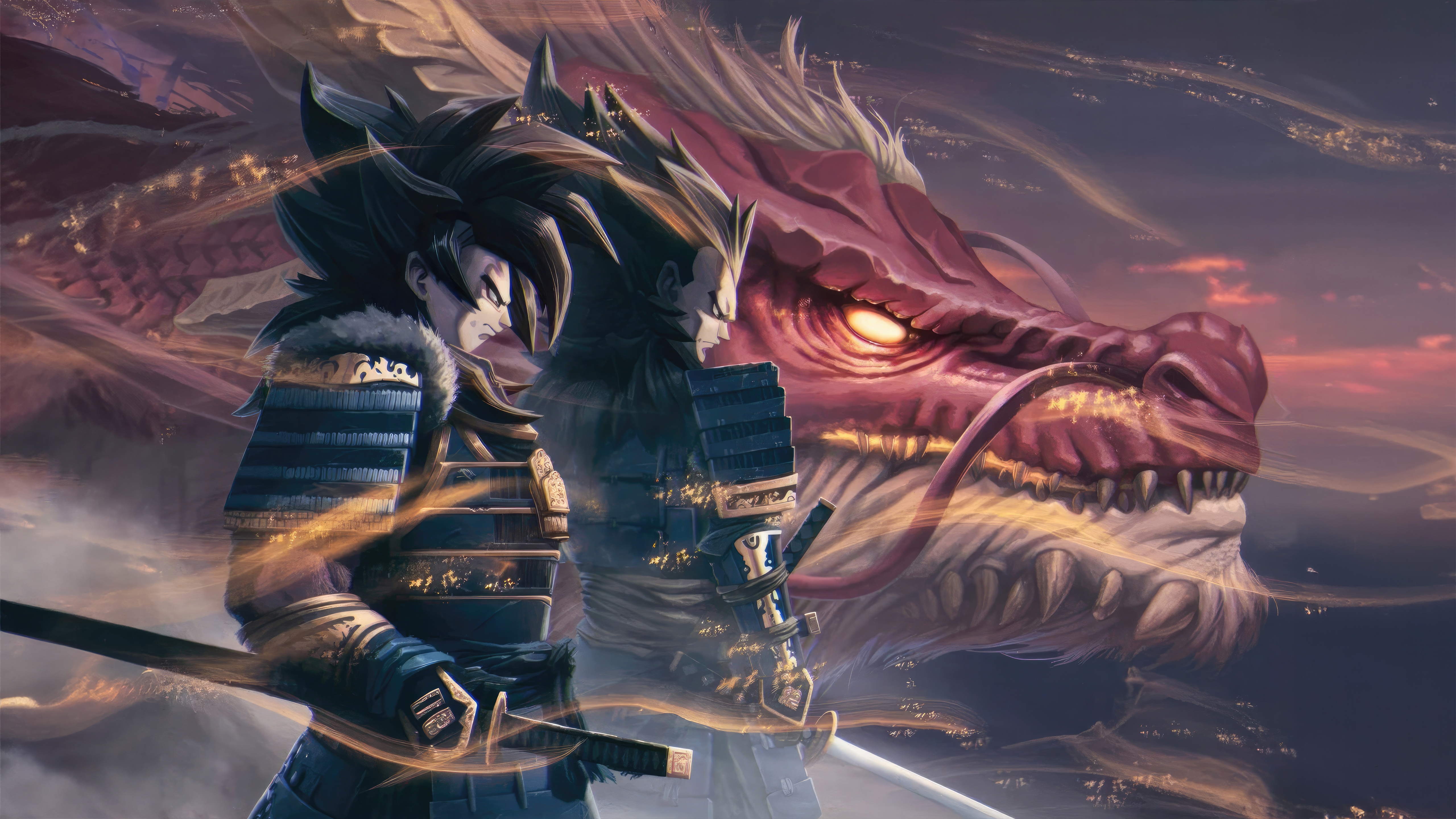 Goku and Vegeta as Samurai with a Dragon HD Wallpaper