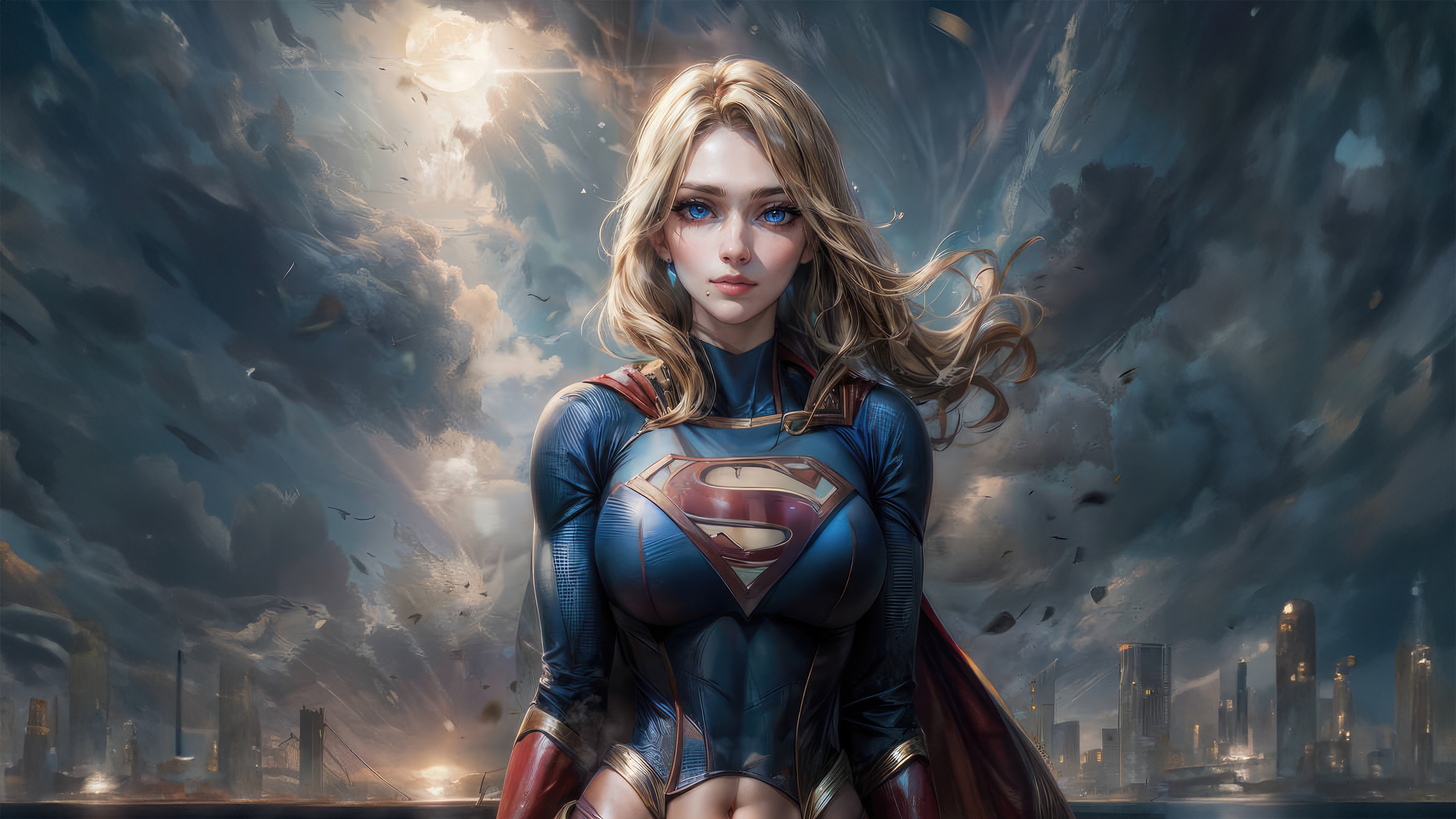 Supergirl in a dramatic sky over a city HD Wallpaper