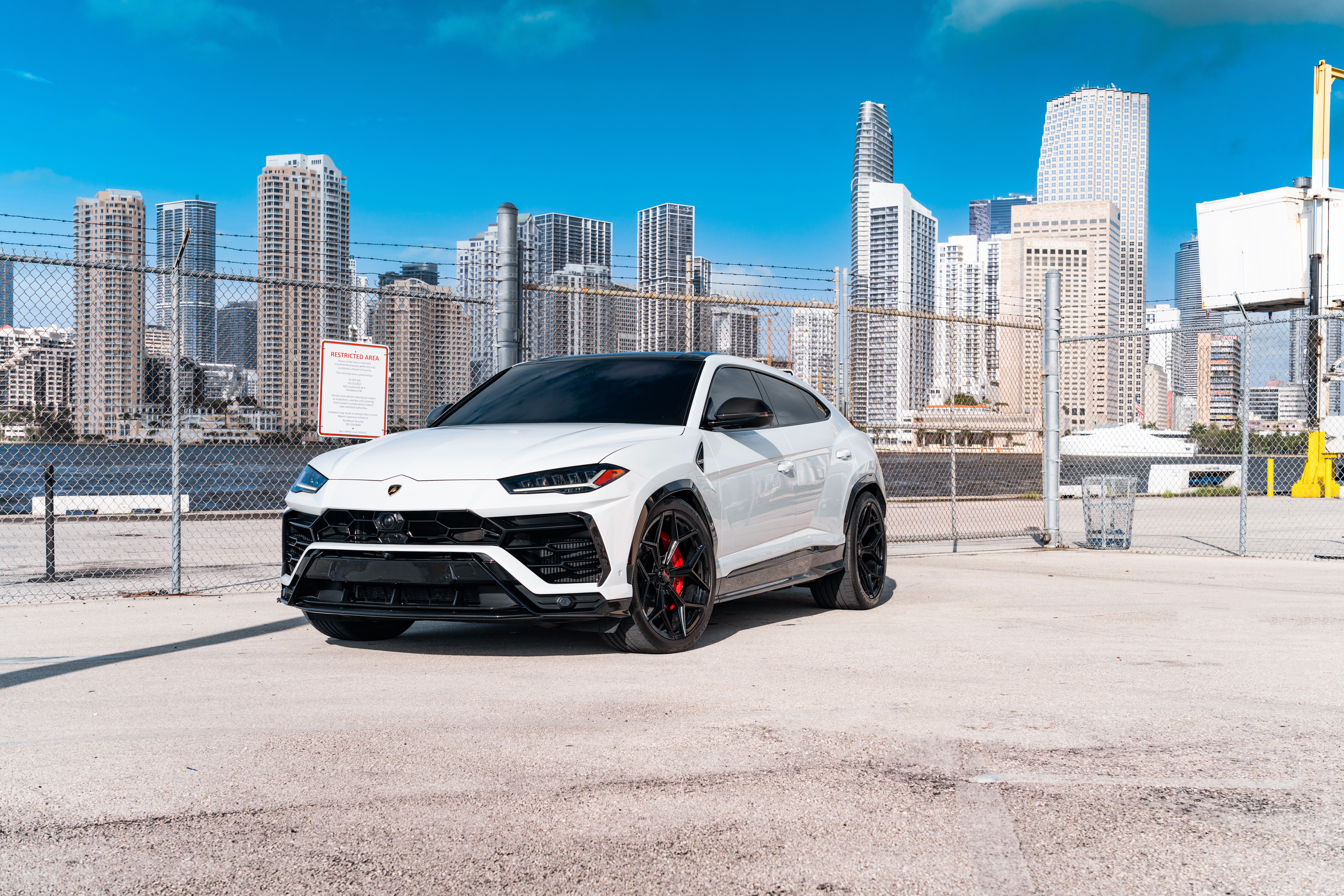 White Lamborghini Urus with Miami Skyline HD Wallpaper
