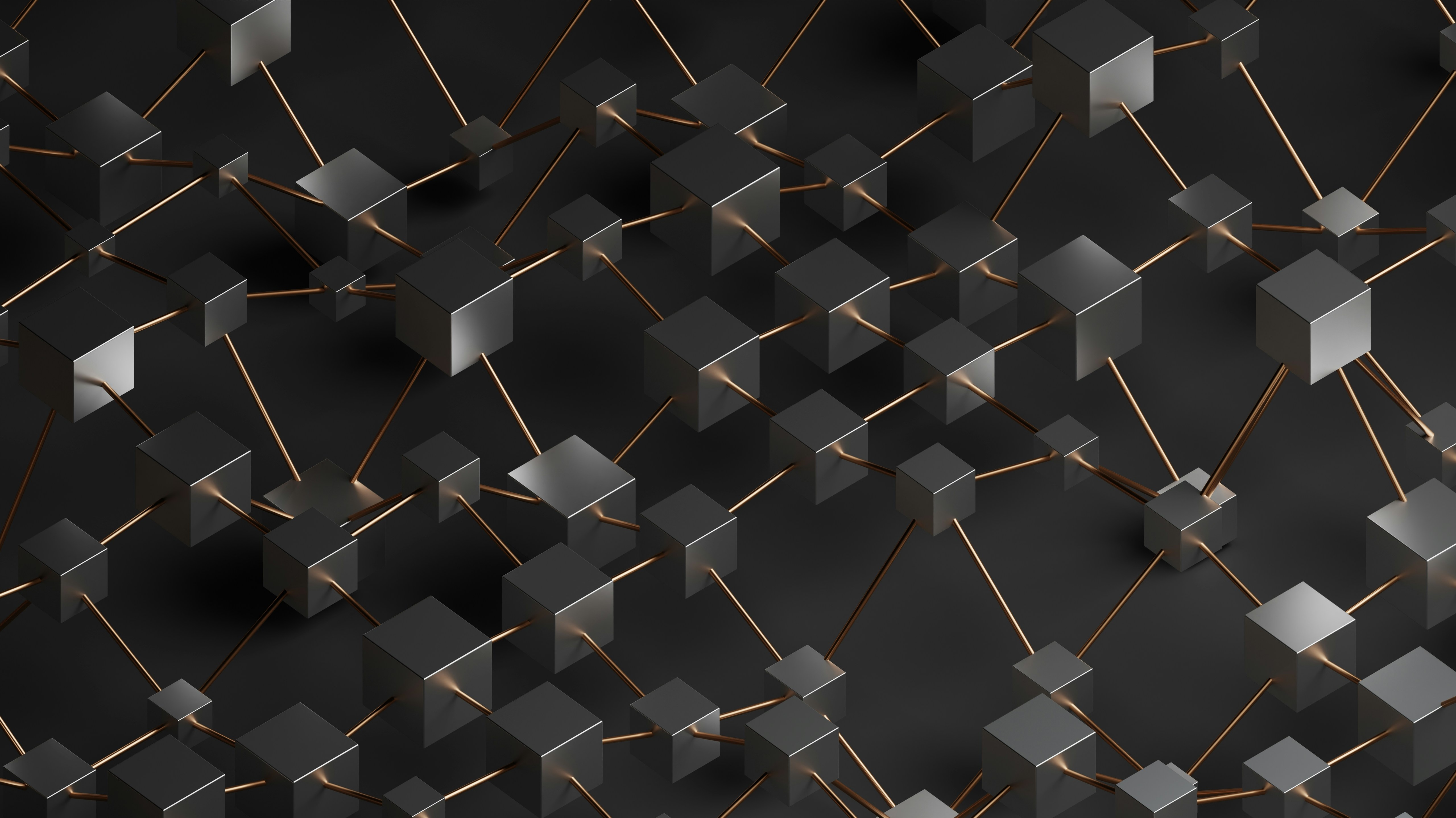 Metallic Cubes Connected by Golden Rods HD Wallpaper