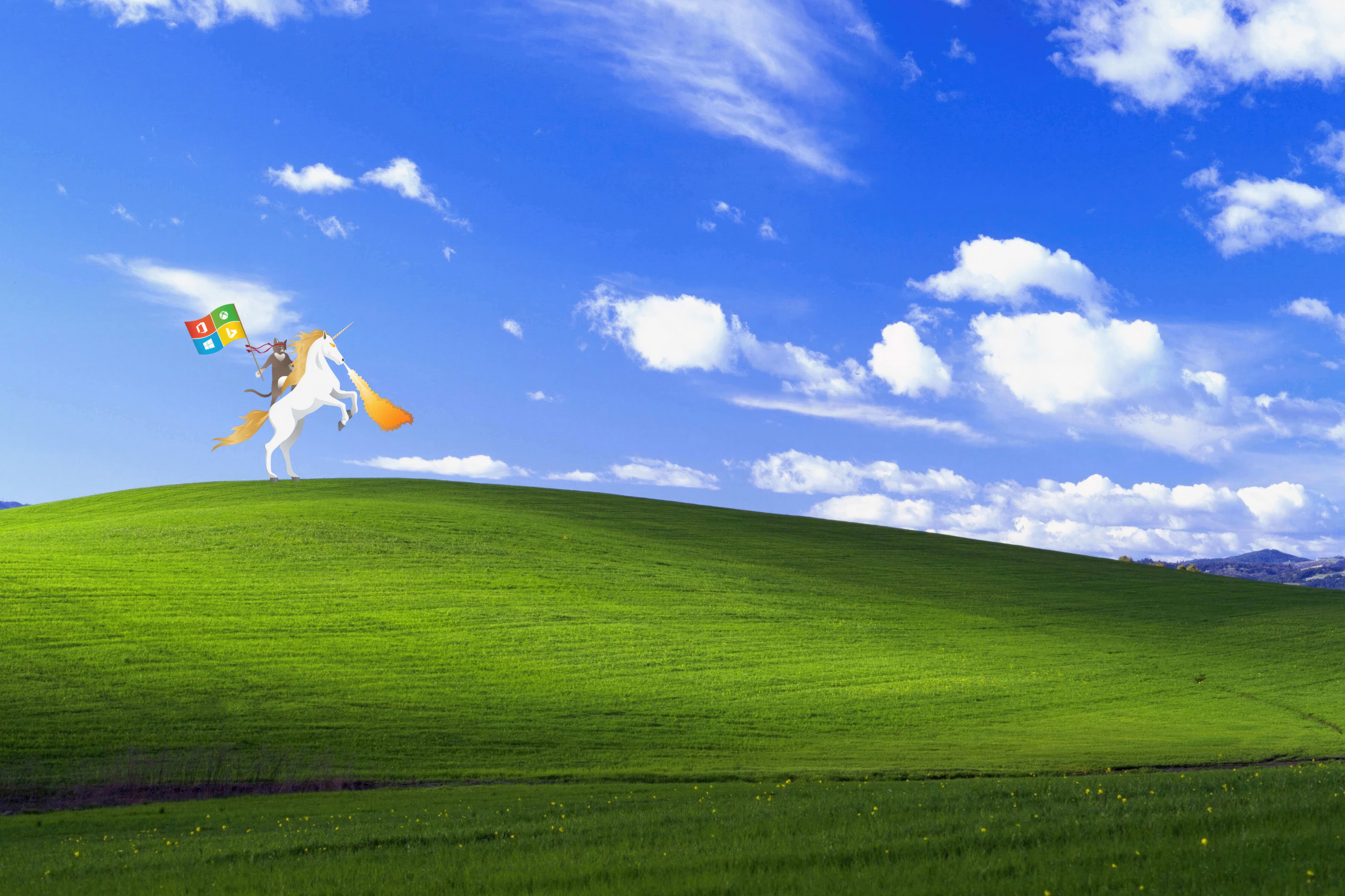 Ninja Cat Riding a Unicorn with Microsoft Flags HD Wallpaper