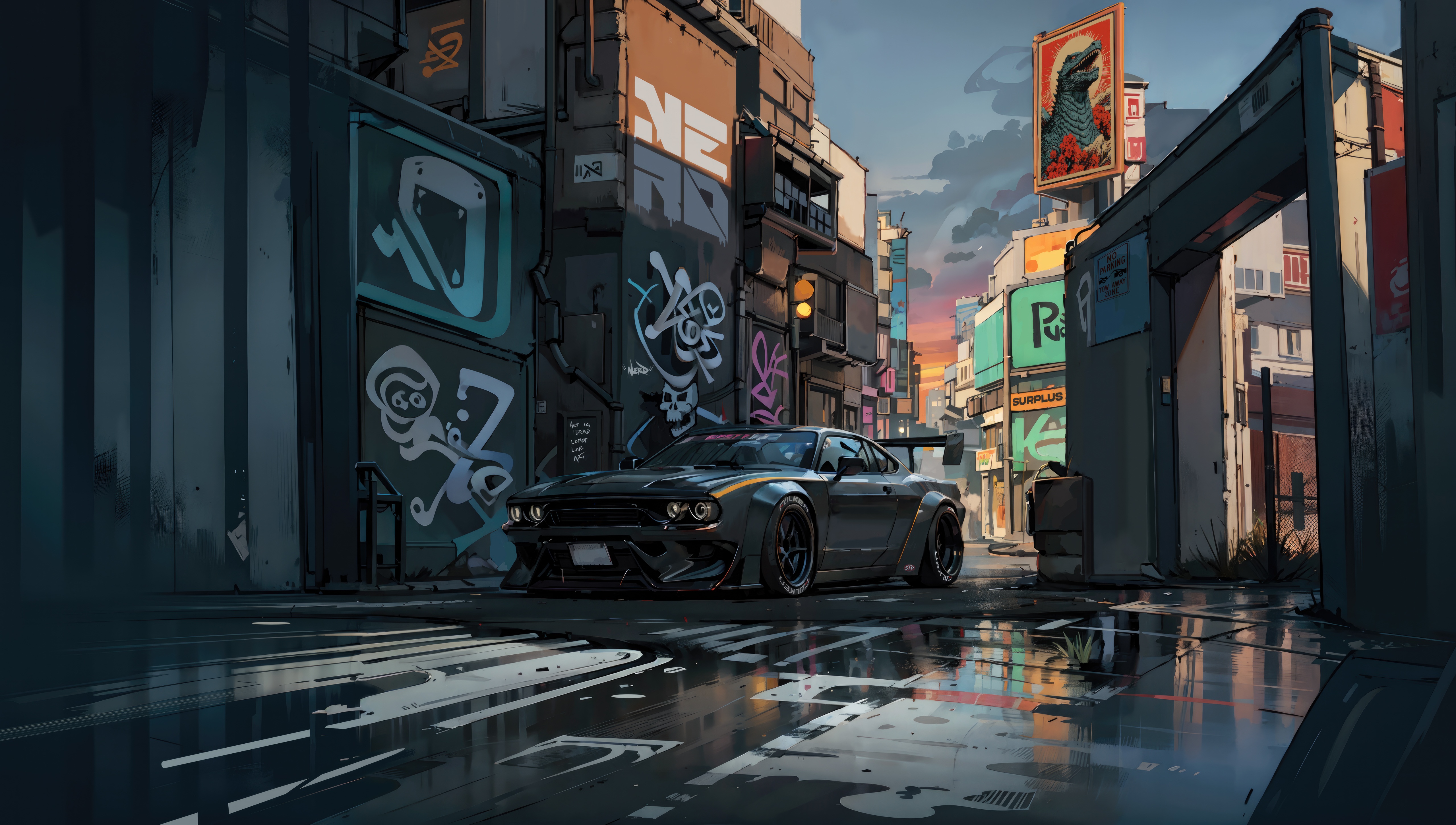 Muscle Car on a Graffiti-Covered Street HD Wallpaper