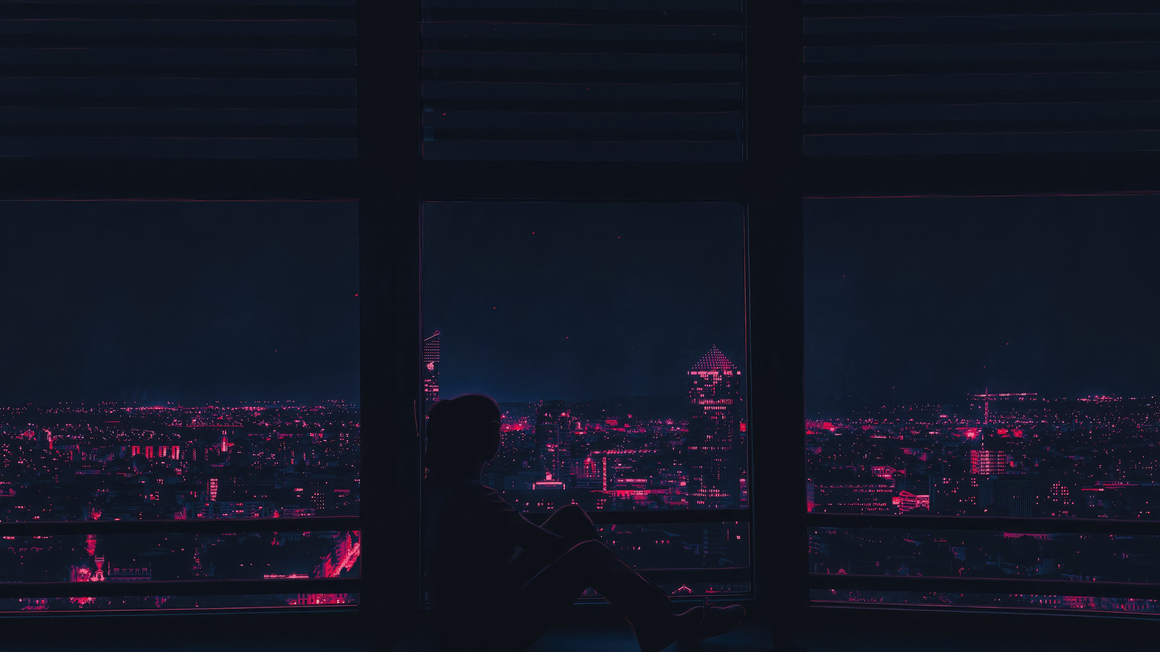 Person looking out at a neon city at night HD Wallpaper
