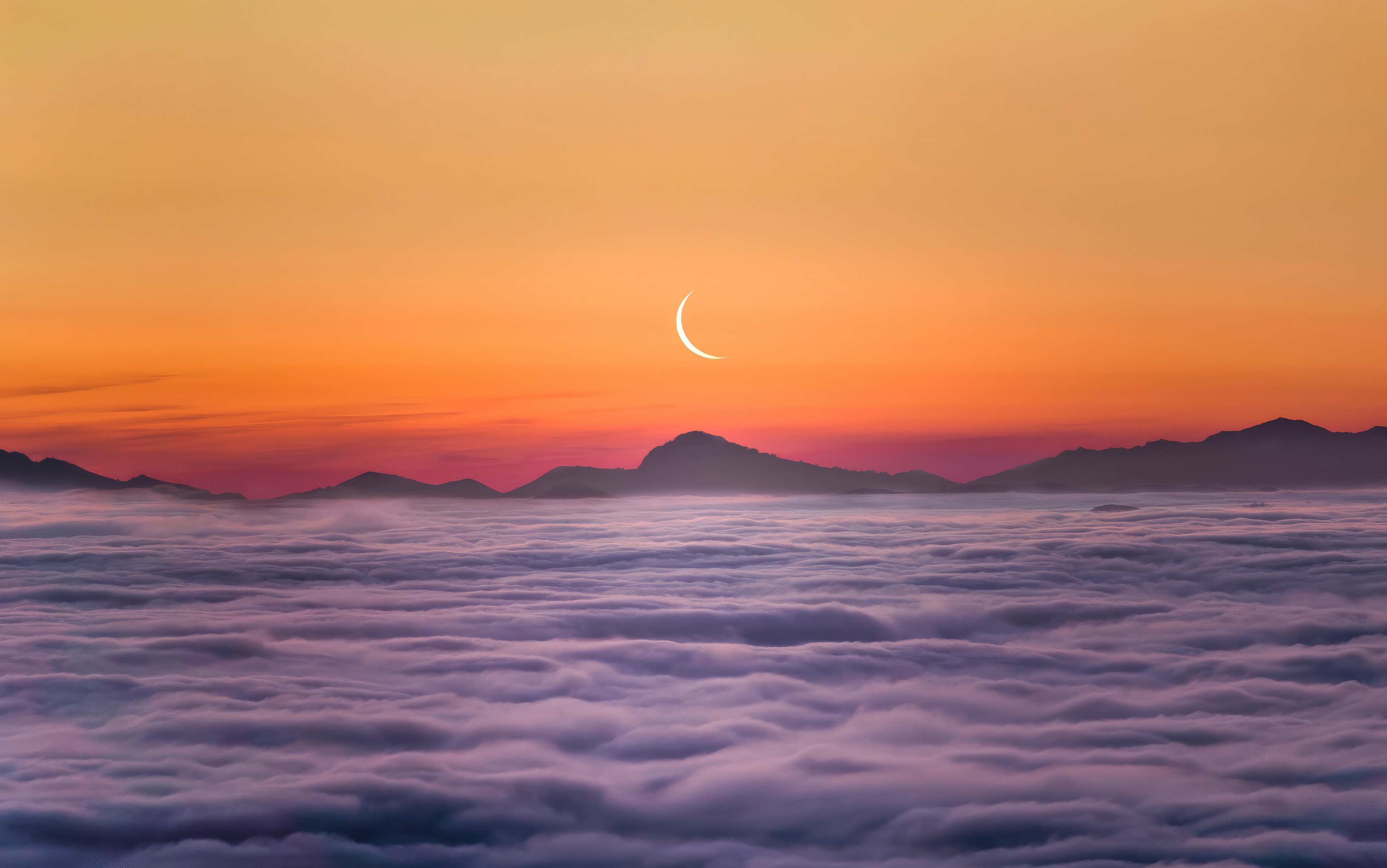 Crescent Moon Over Sea of Clouds and Mountains HD Wallpaper