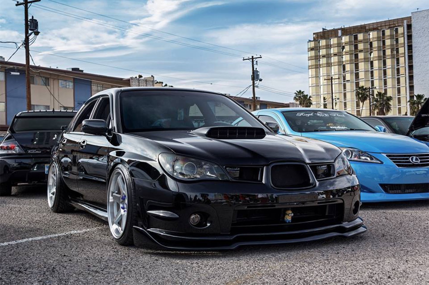 Black Subaru Impreza WRX STI parked on street HD Wallpaper