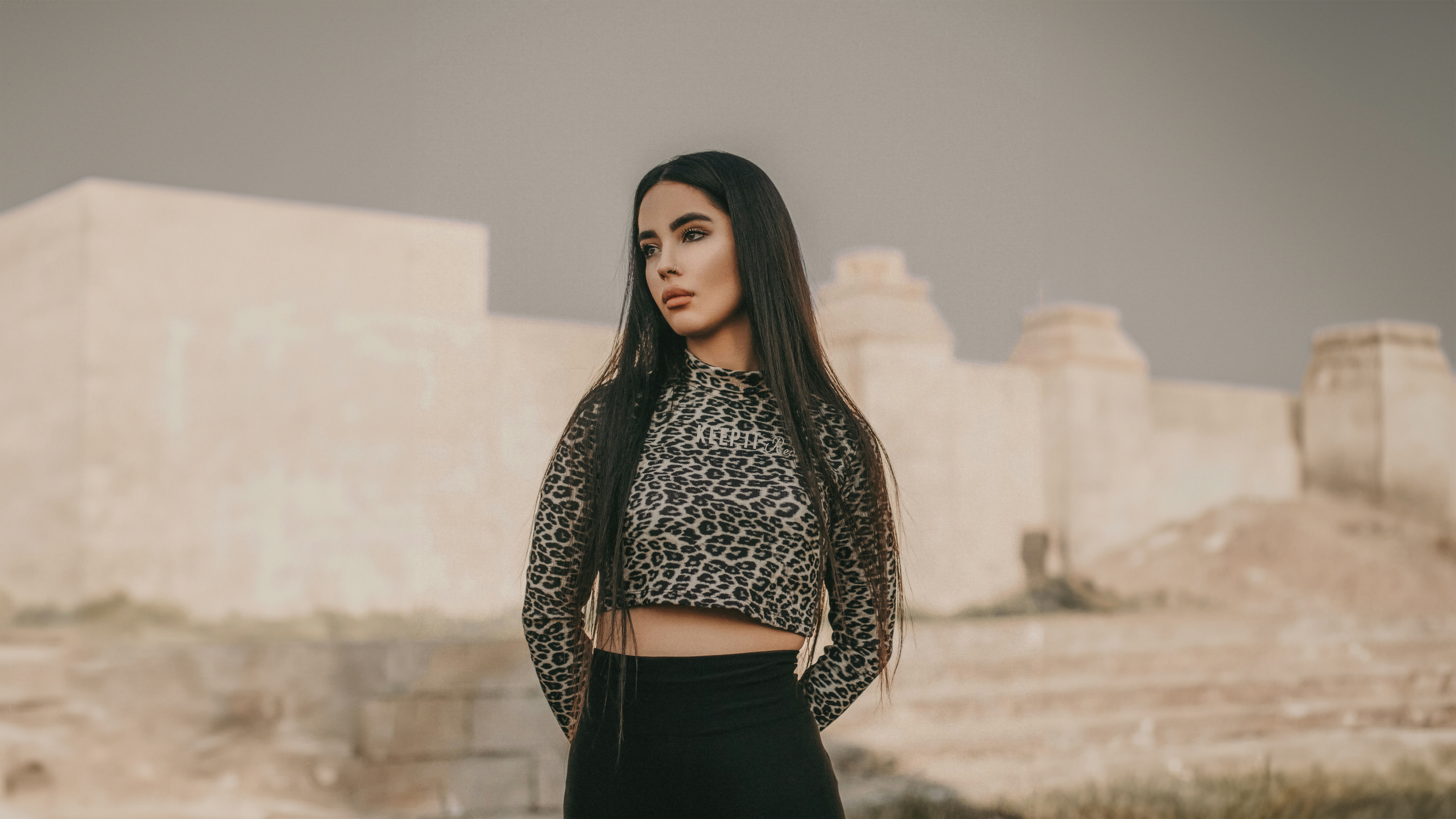 Girl in Cheetah Print Crop Top and Black Skirt HD Wallpaper