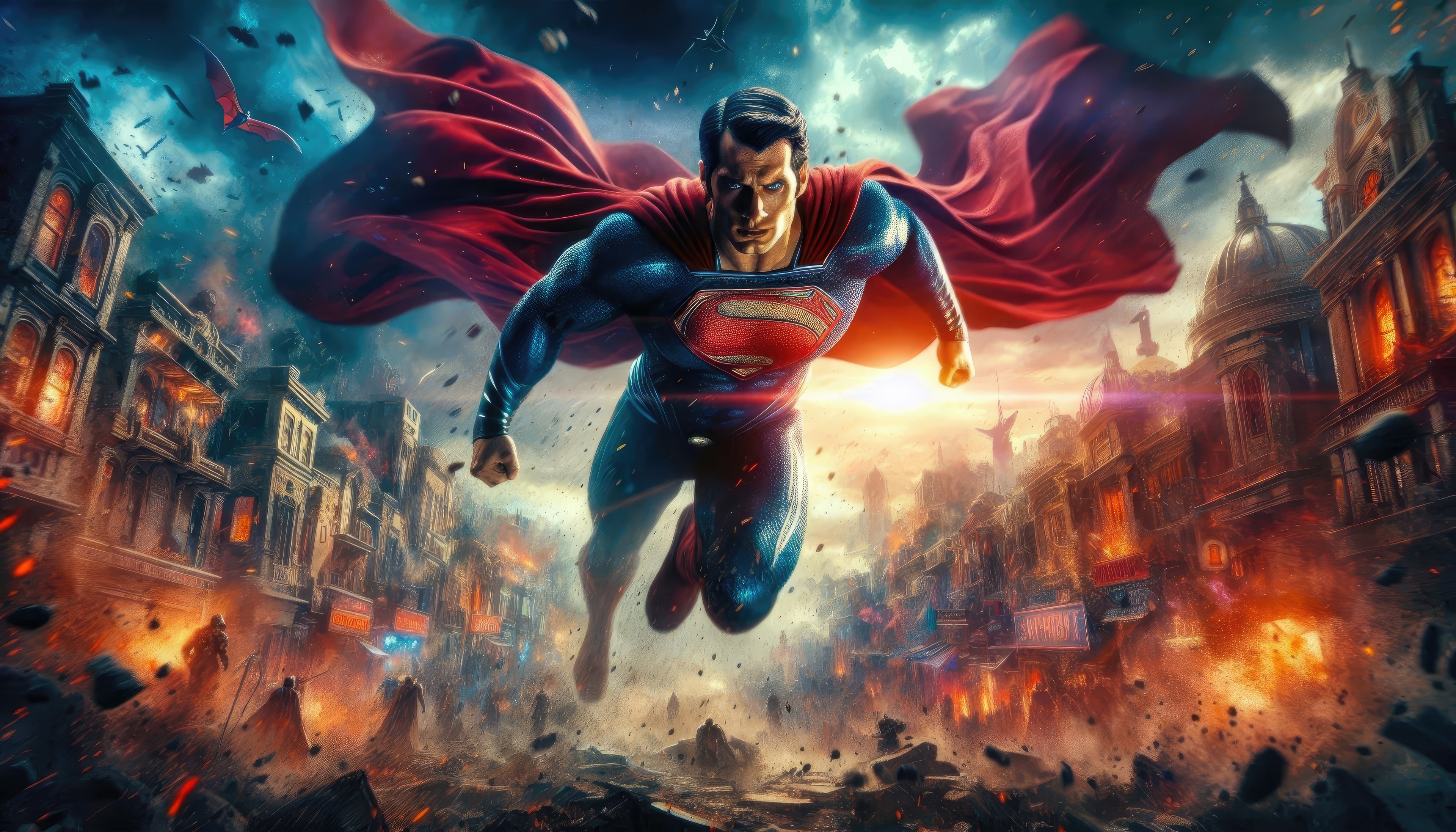 Superman in a burning city HD Wallpaper