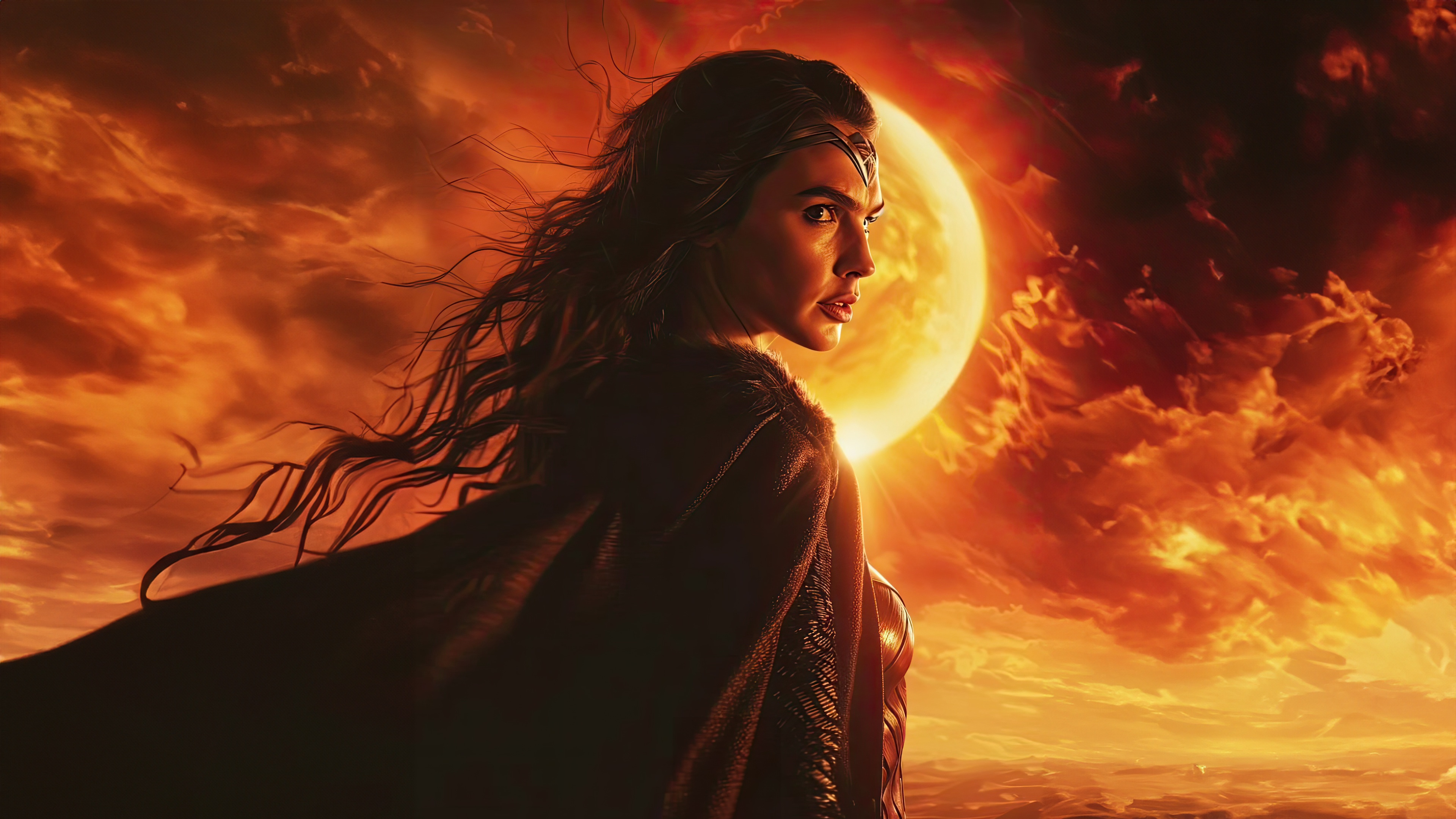 Wonder Woman in front of a large sun HD Wallpaper