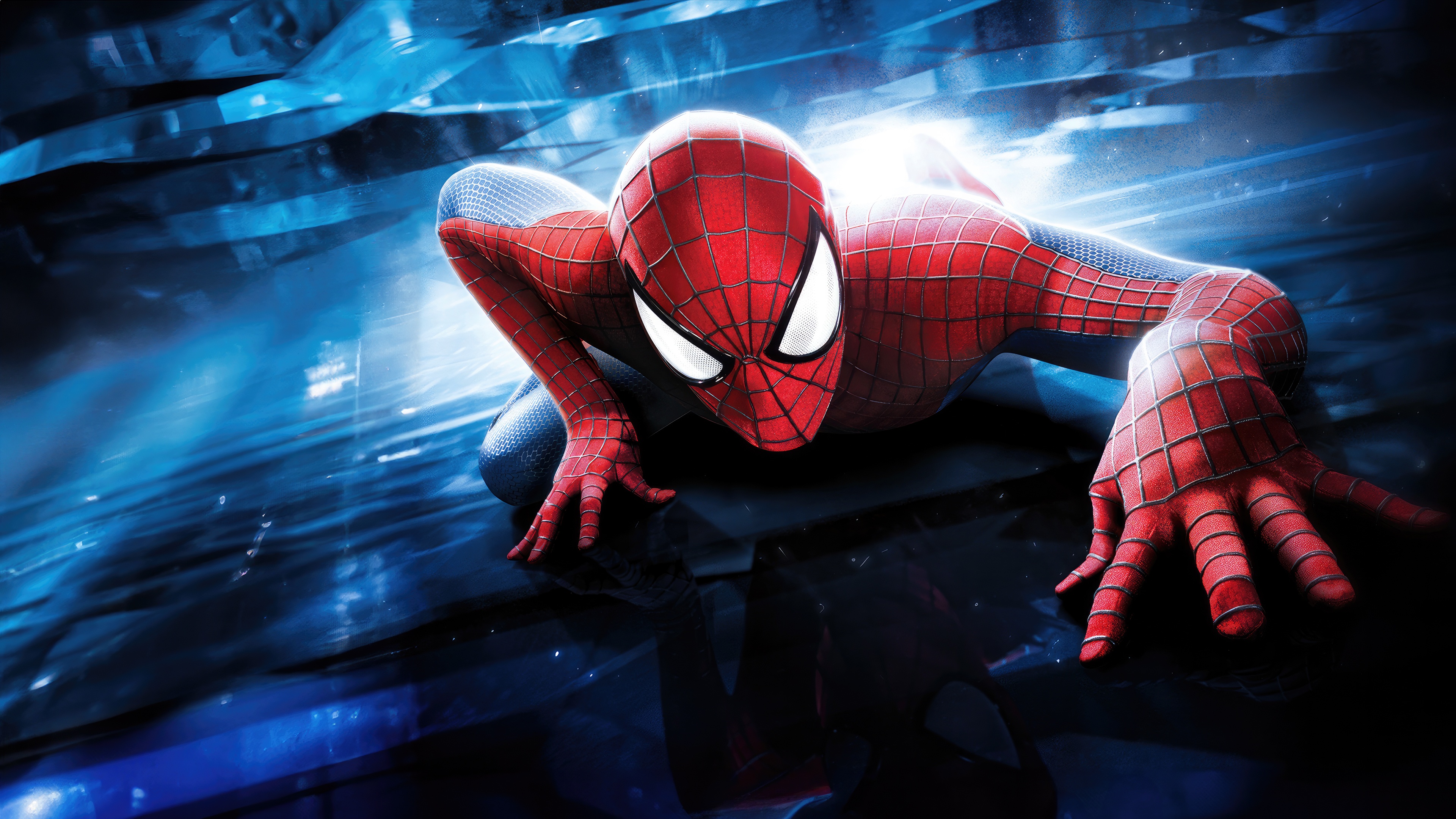 The Amazing Spider-Man crawling on a blue surface HD Wallpaper