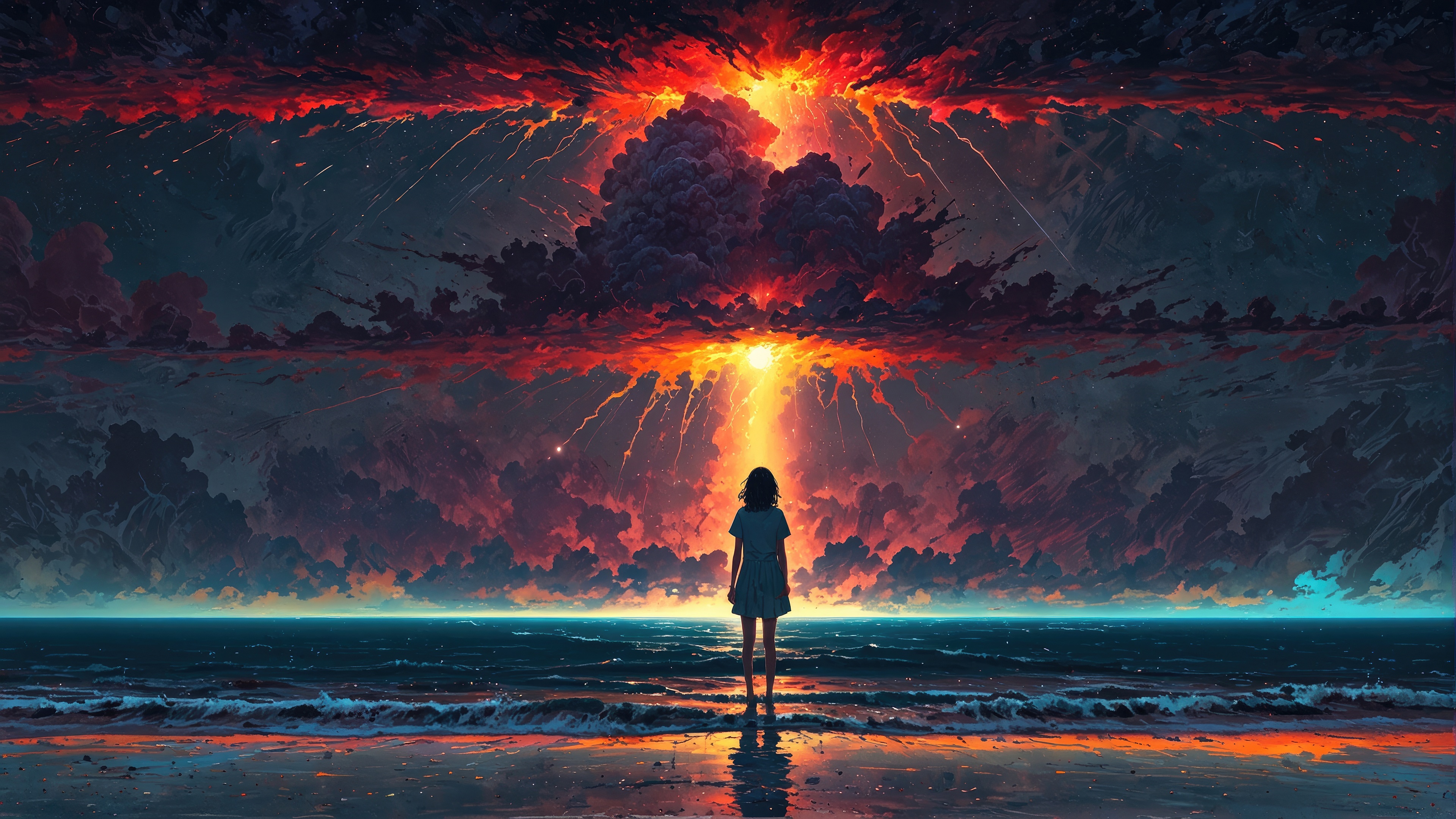 Girl watches a fiery sky over the ocean HD Wallpaper
