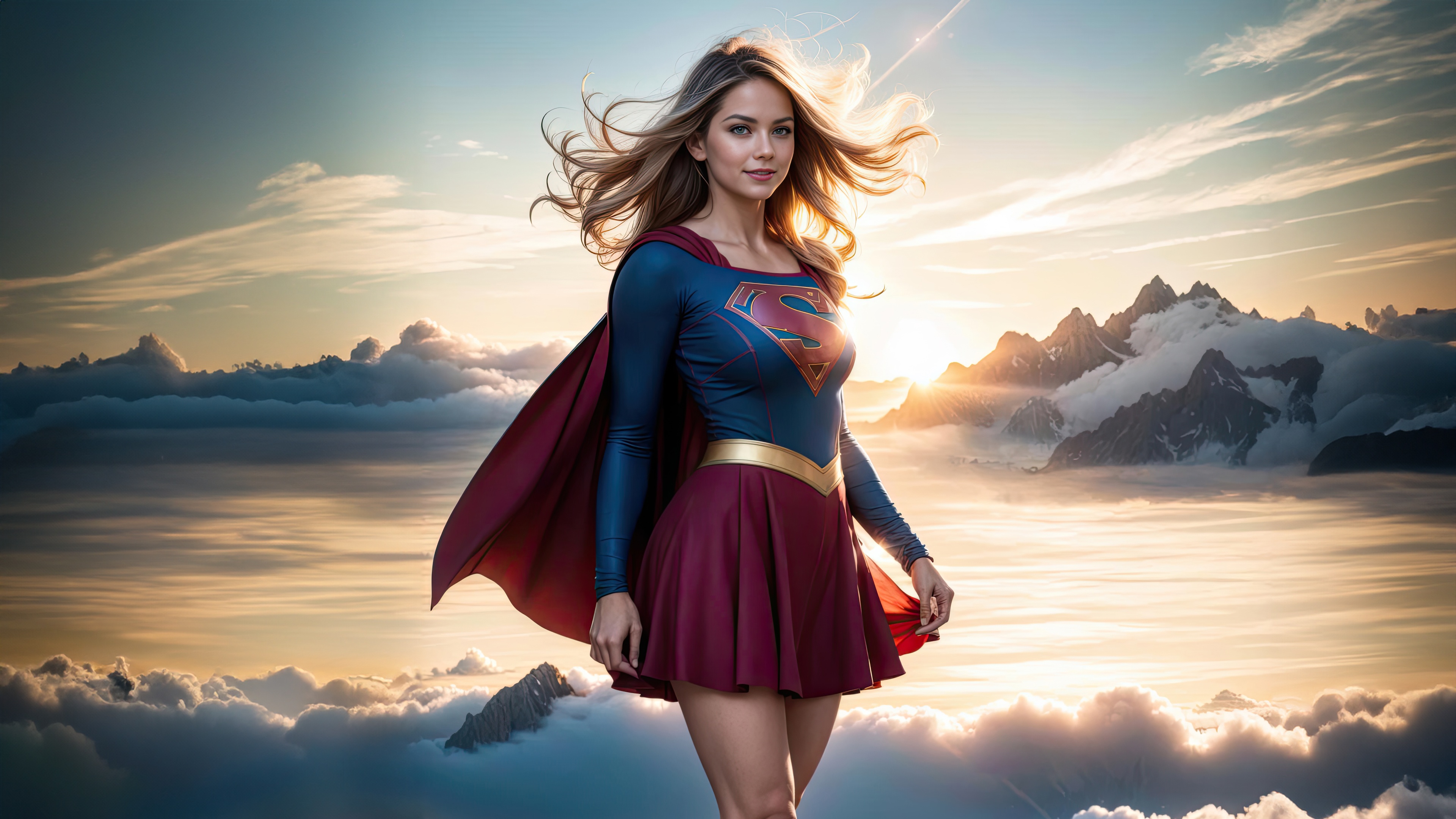 Supergirl standing on clouds with mountains HD Wallpaper