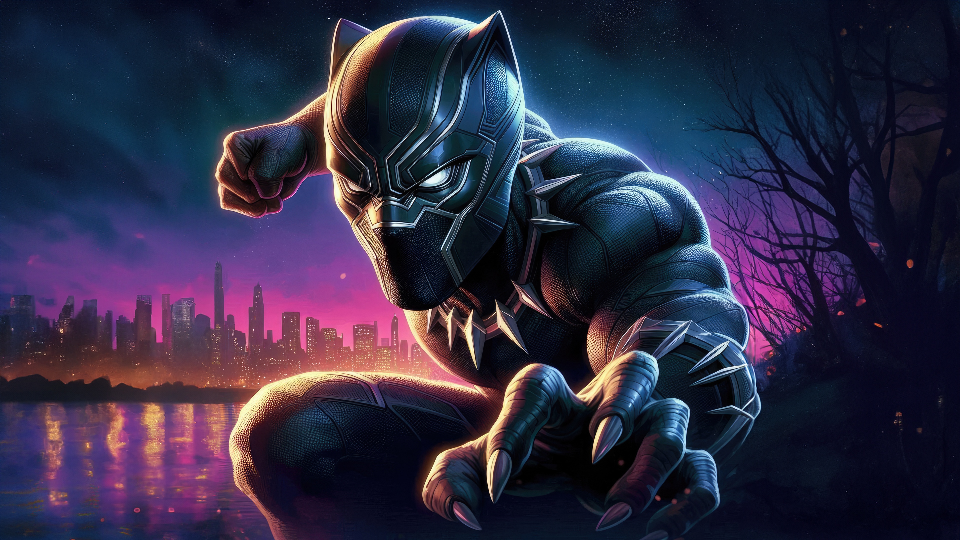 Black Panther in a Crouching Pose with City Skyline HD Wallpaper