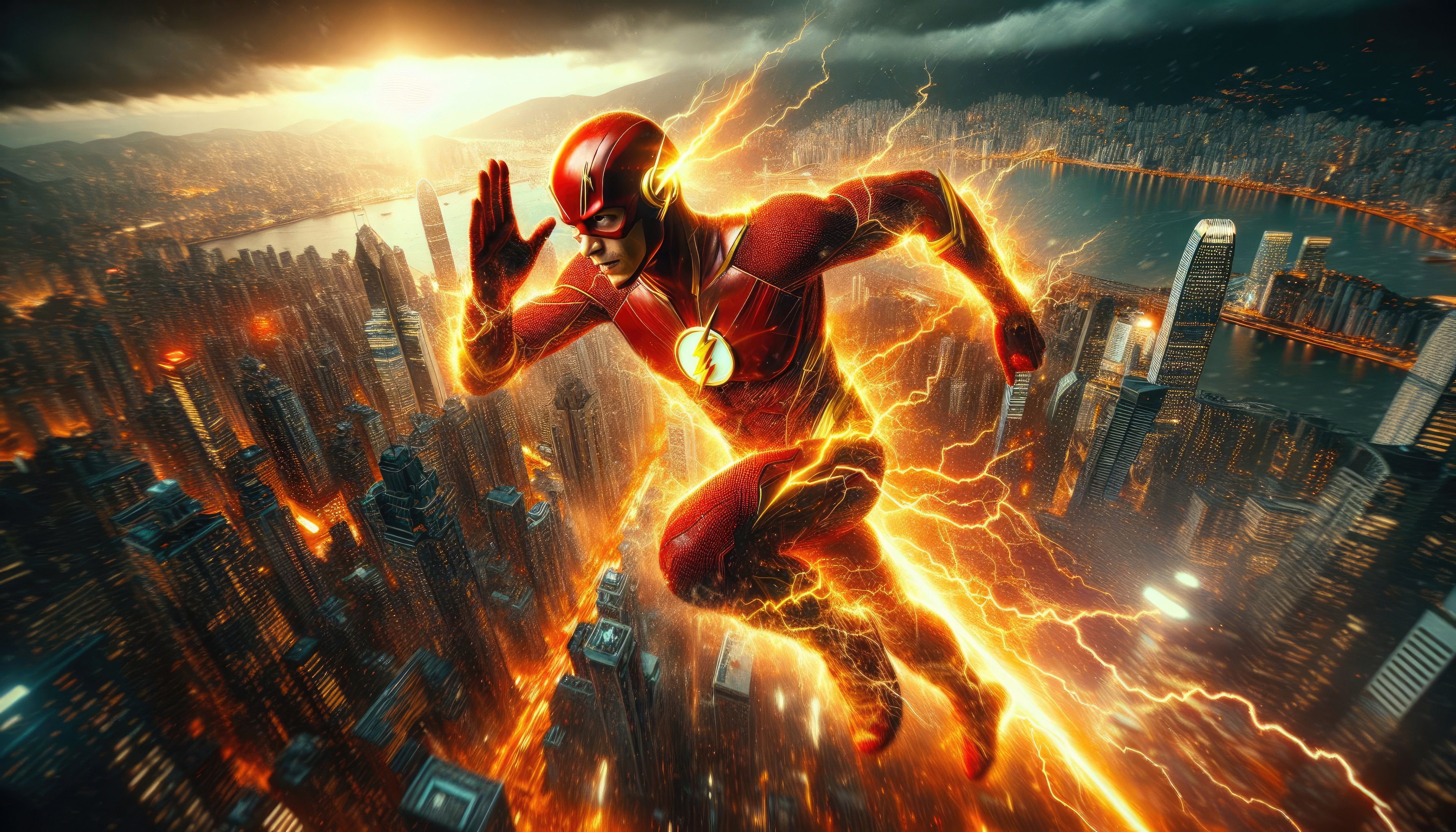 The Flash Running Through a Cityscape with Lightning HD Wallpaper