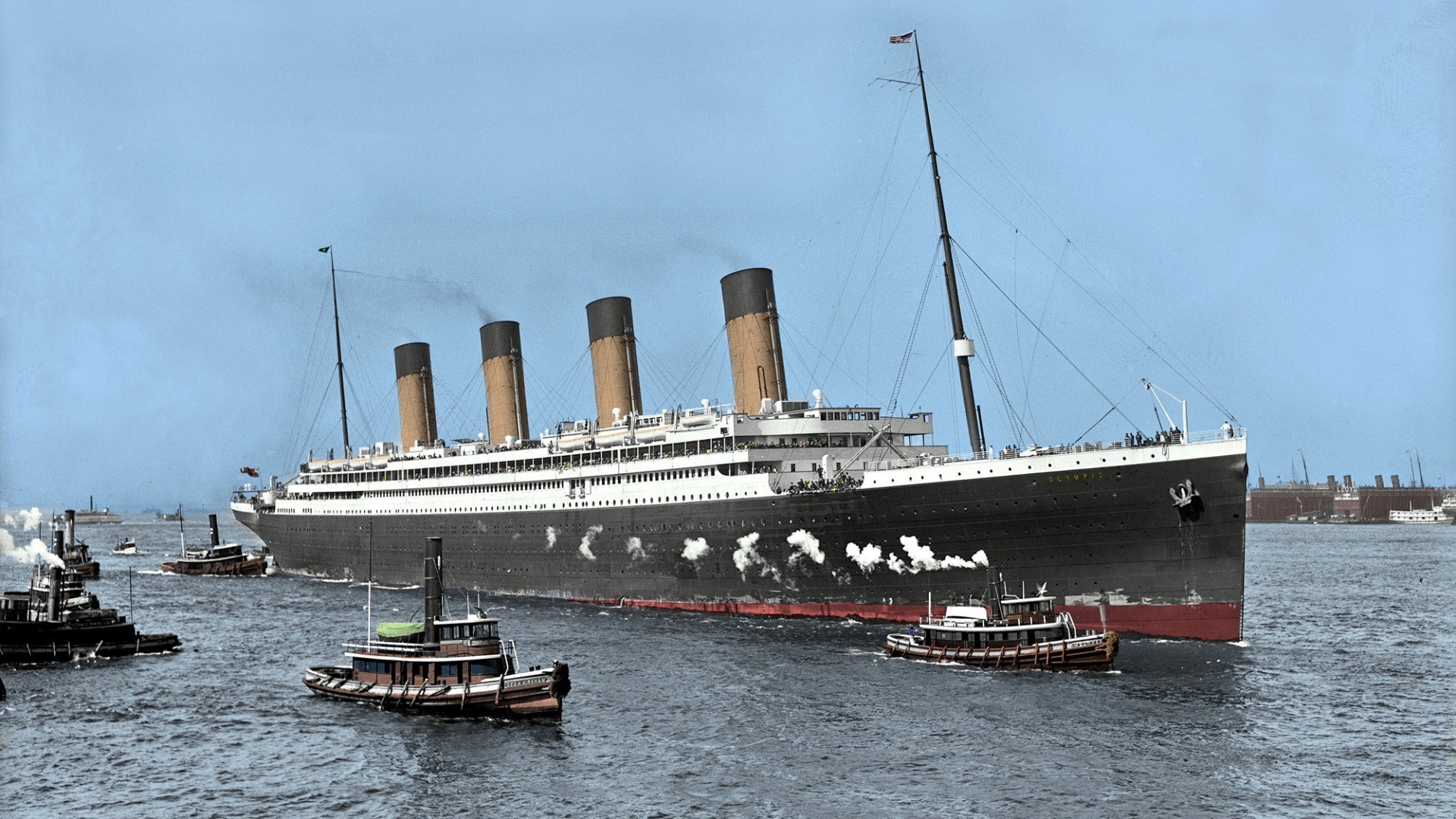 RMS Olympic steamship with tugboats HD Wallpaper
