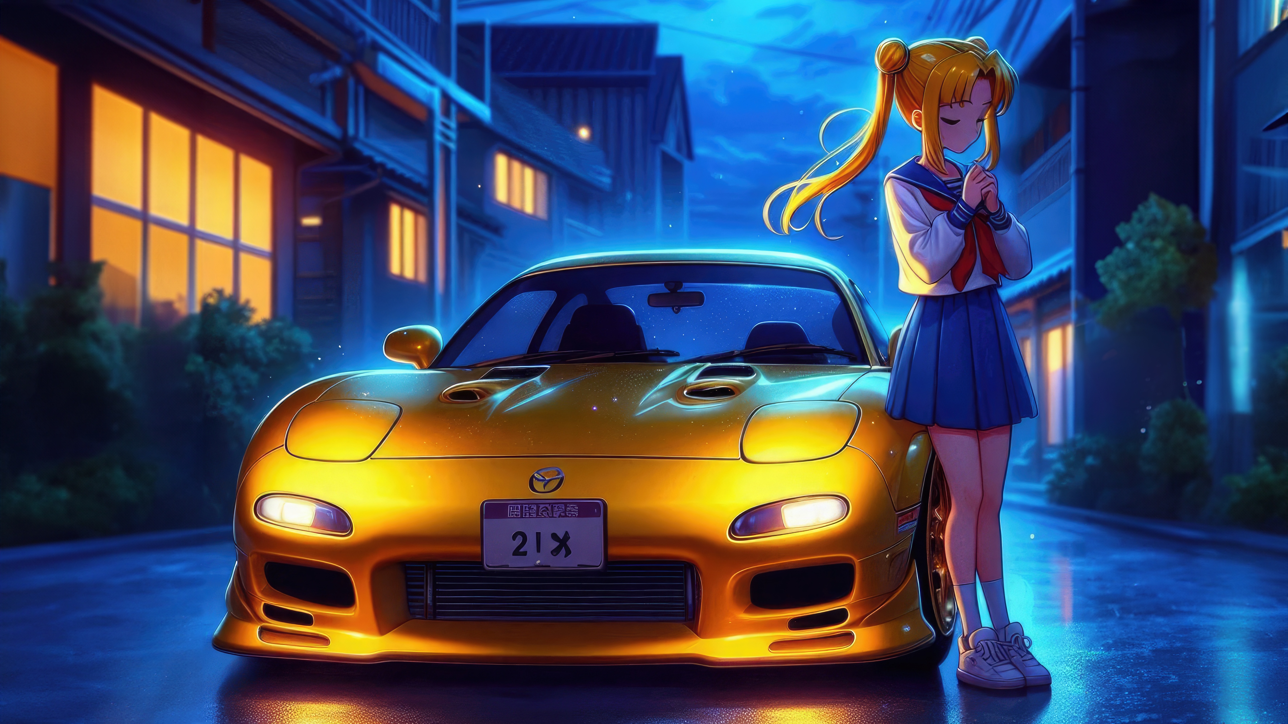 Anime girl with Mazda RX7 at night HD Wallpaper