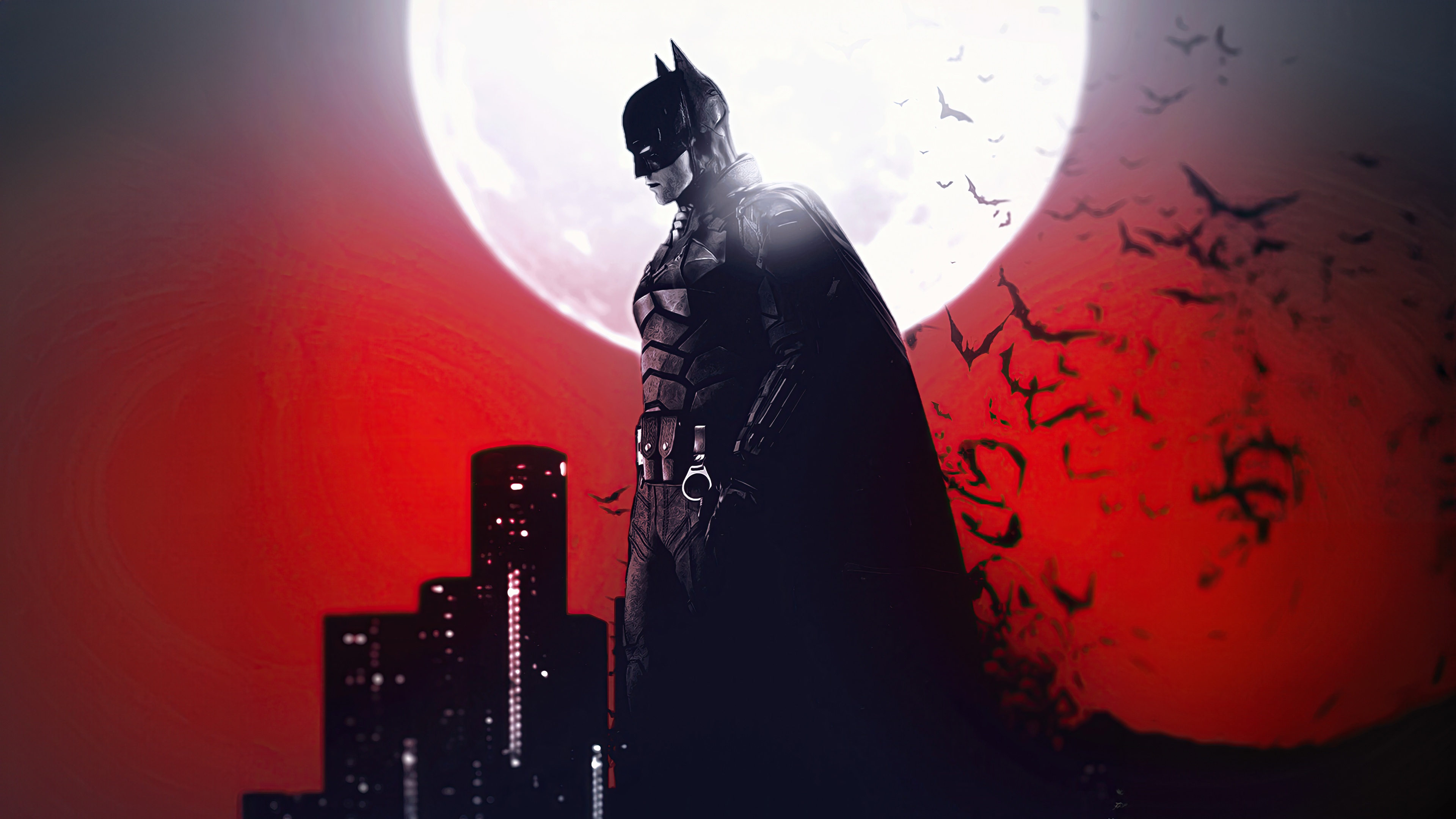 The Batman Standing in Front of a Red Moon HD Wallpaper