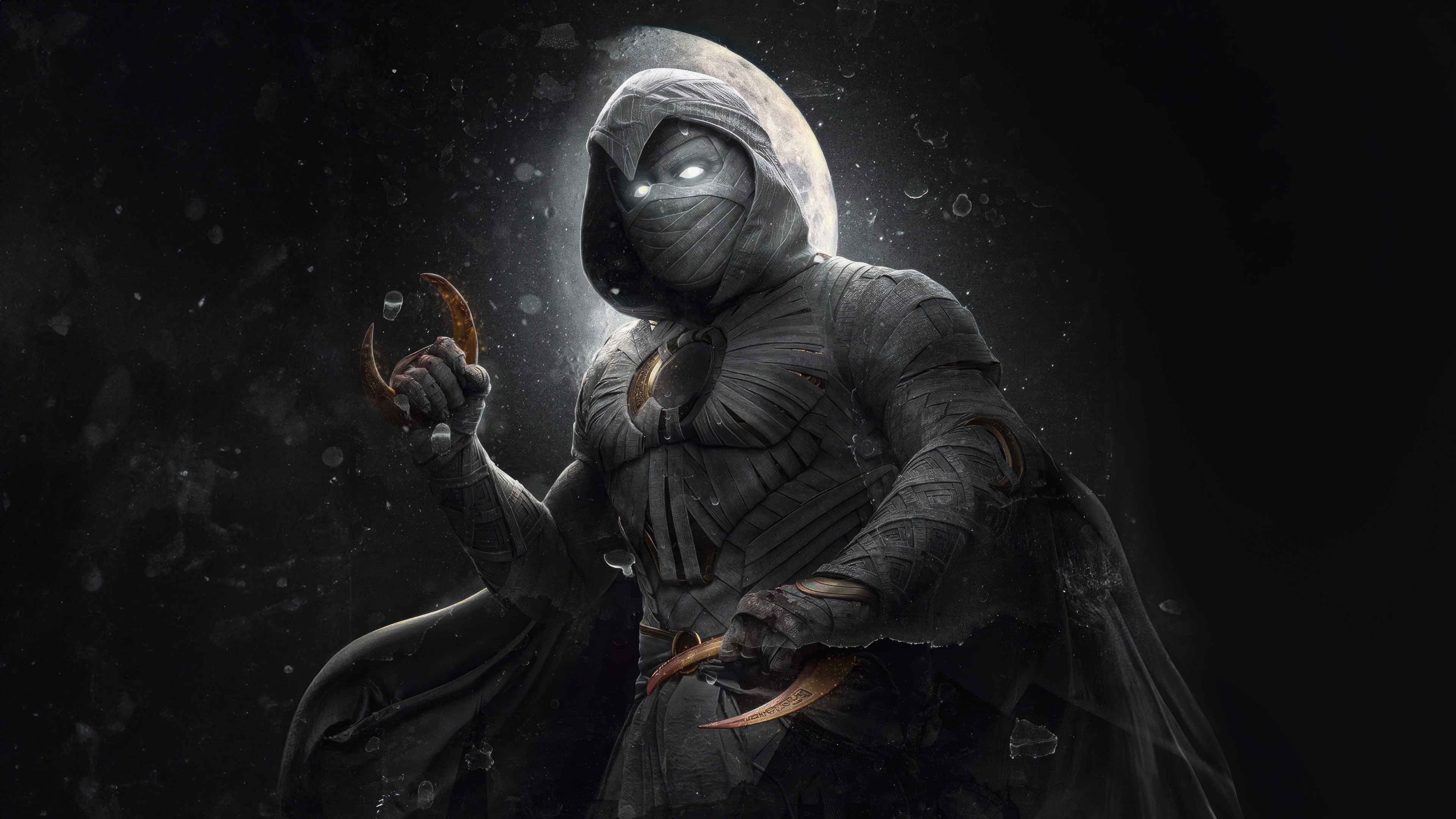 Moon Knight holding crescent darts and a crescent moon symbol HD Wallpaper
