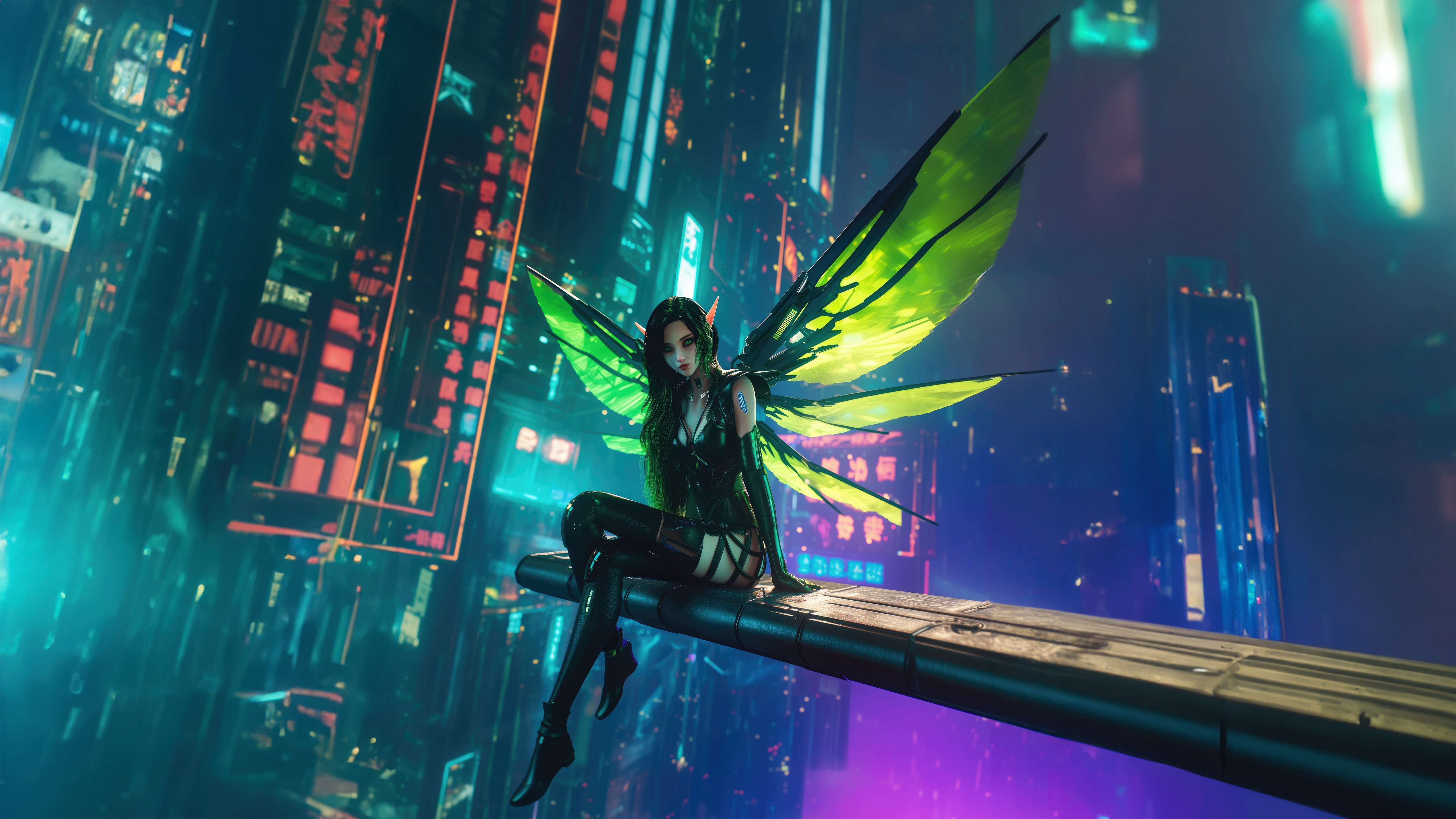 Fairy with green wings in a futuristic city HD Wallpaper