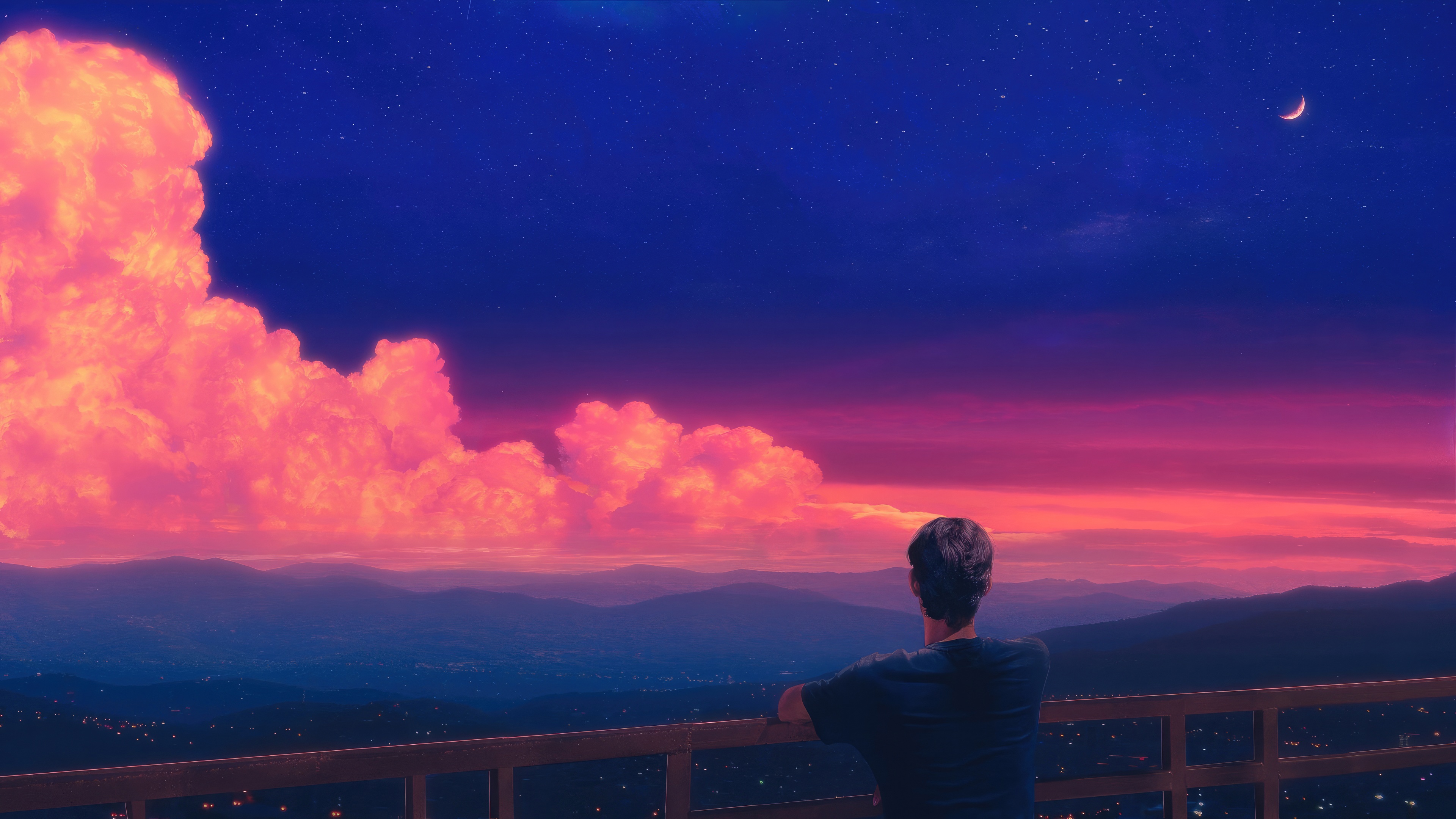 Man Gazing at a Colorful Sunset Over Mountains HD Wallpaper