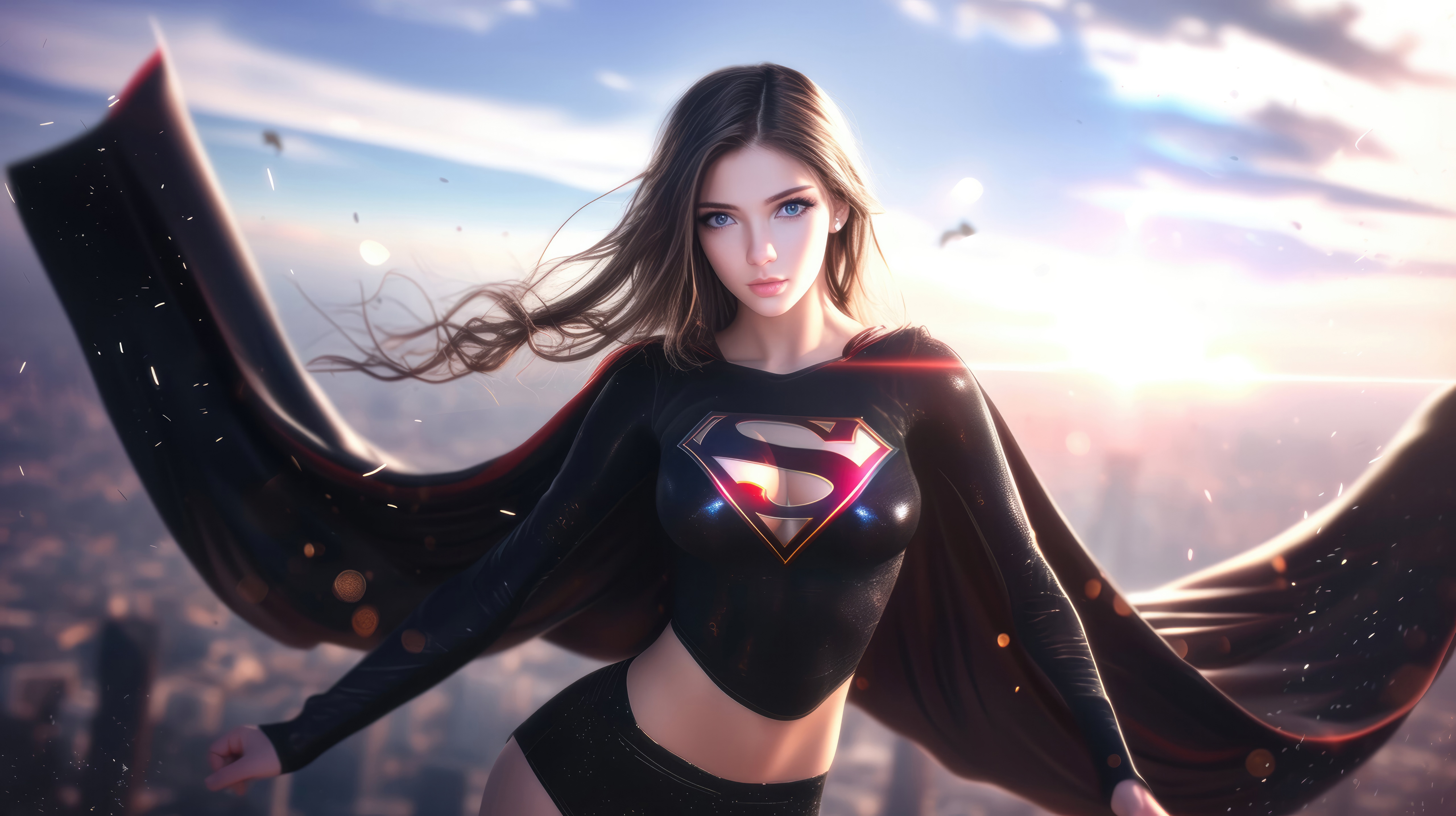 Supergirl flying over a city at sunset HD Wallpaper
