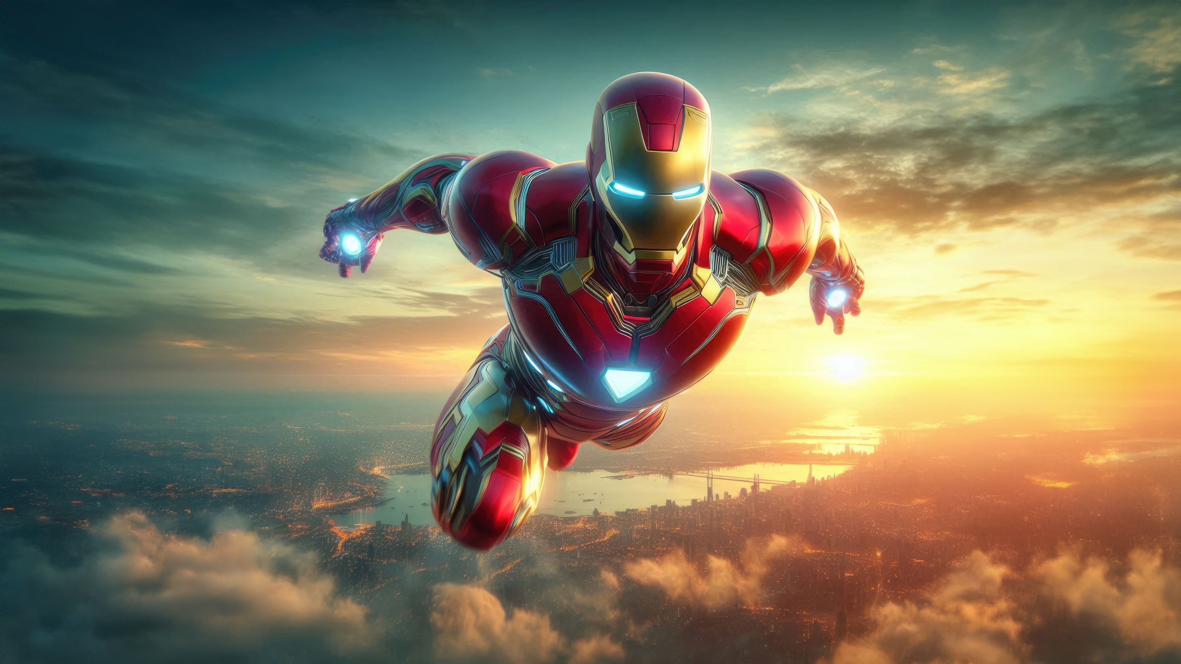 Iron Man flying over a city at sunset HD Wallpaper