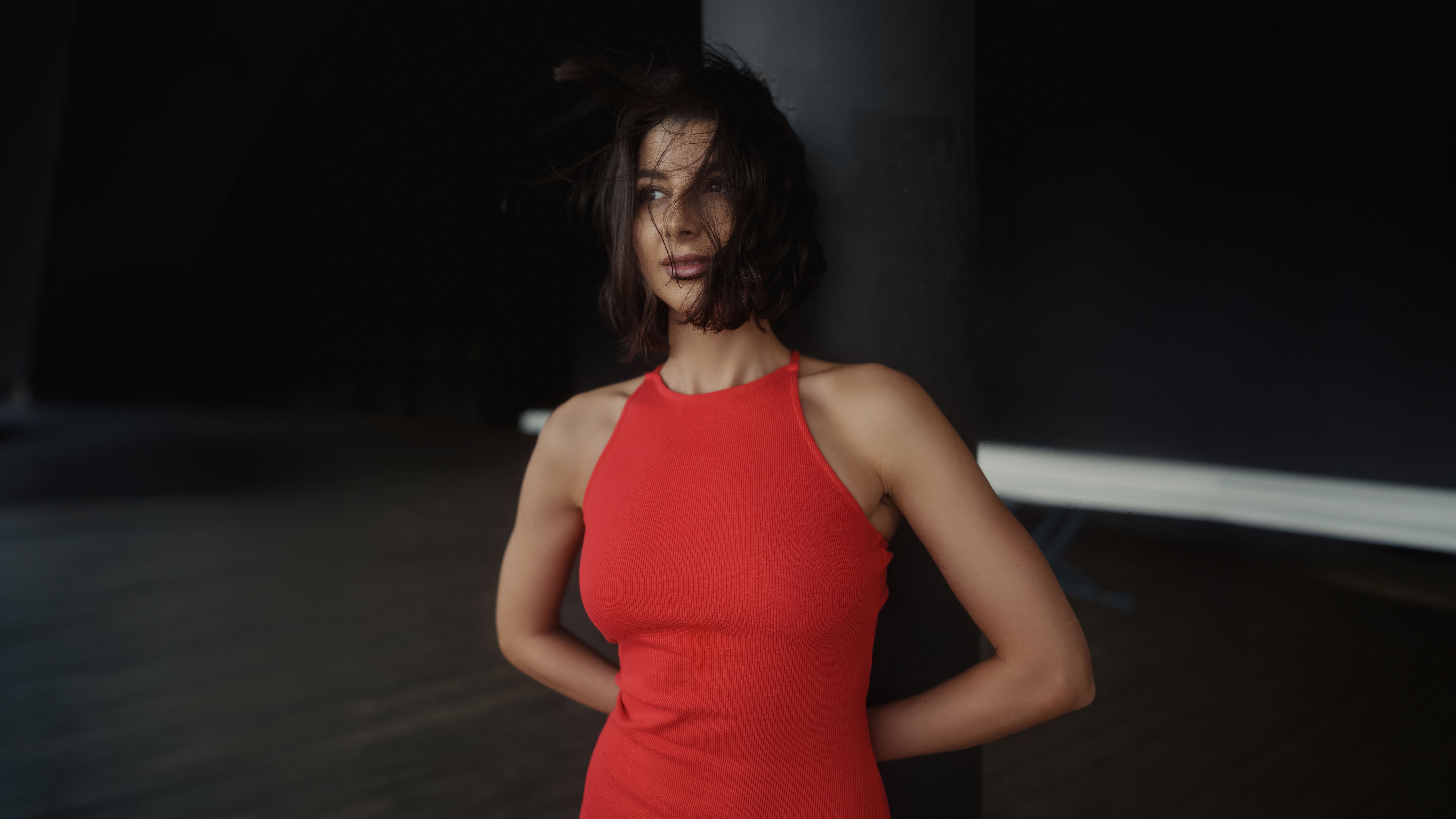 Woman with short hair in a red dress HD Wallpaper