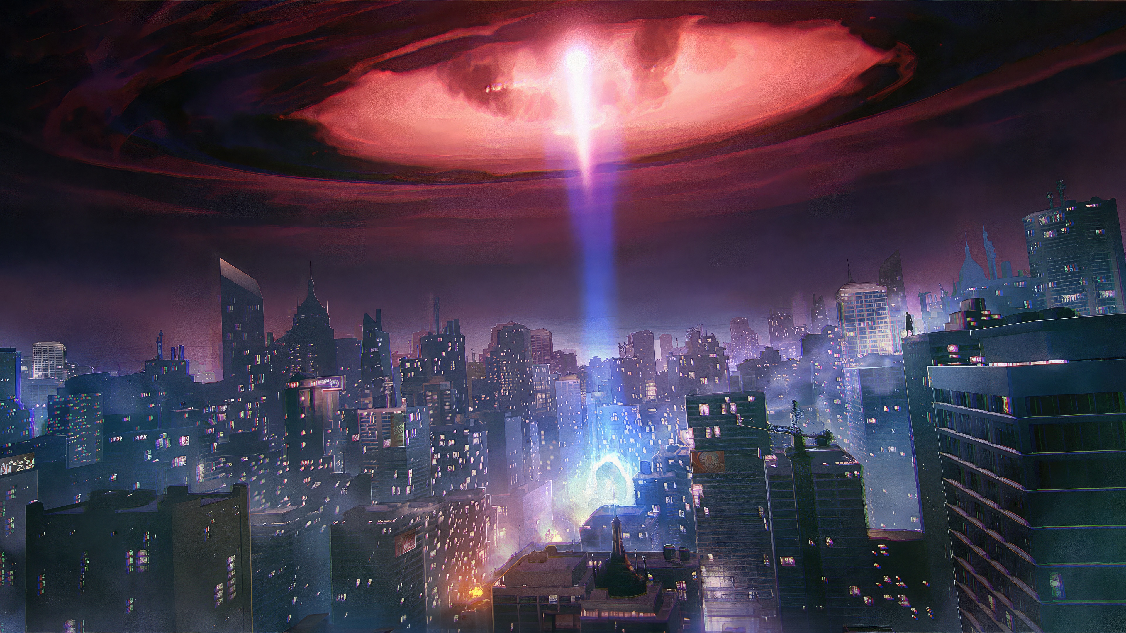 Solo Leveling Arise Game Cityscape with Energy Beam HD Wallpaper