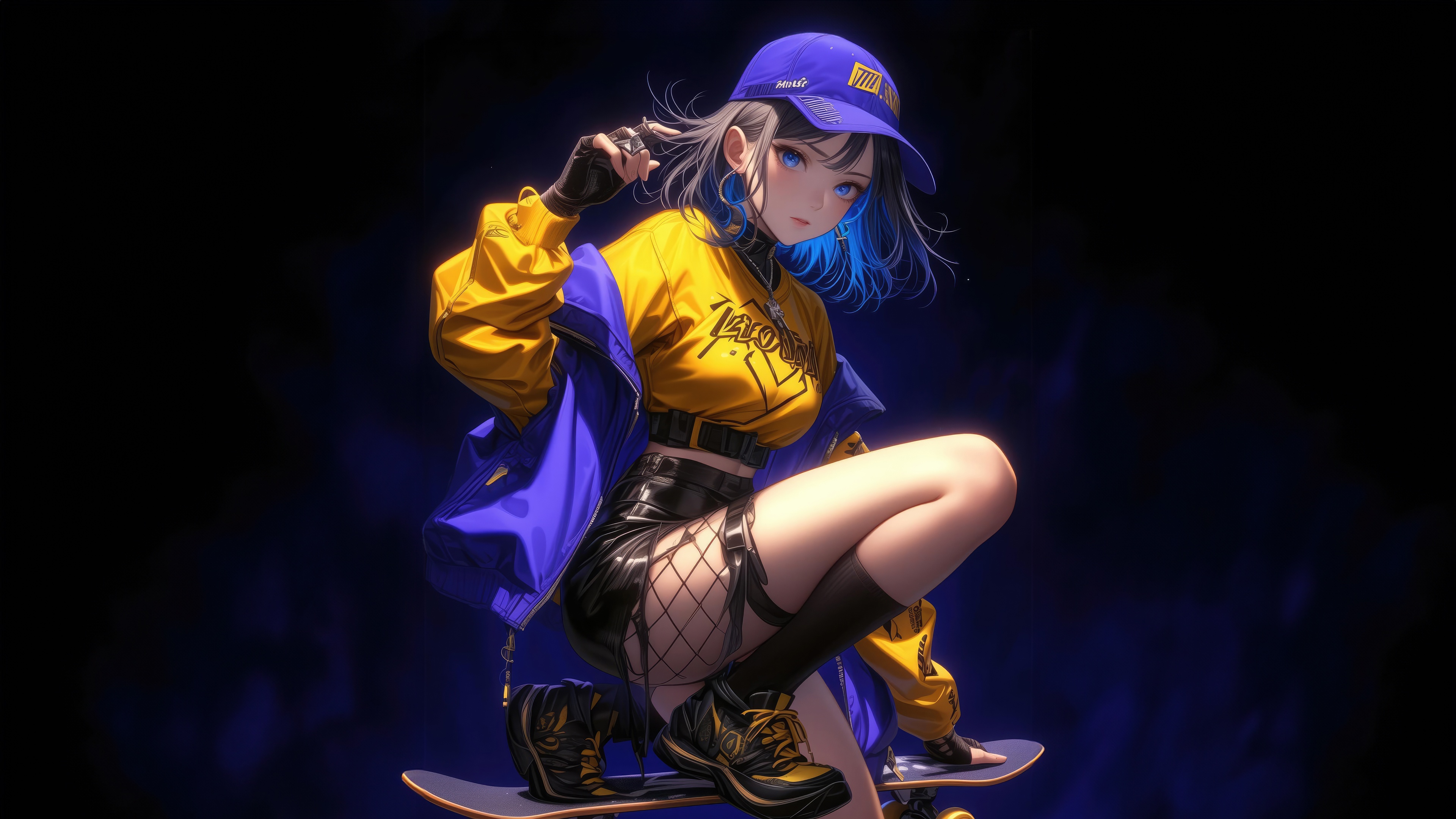 Anime girl in yellow jacket and blue cap on skateboard HD Wallpaper