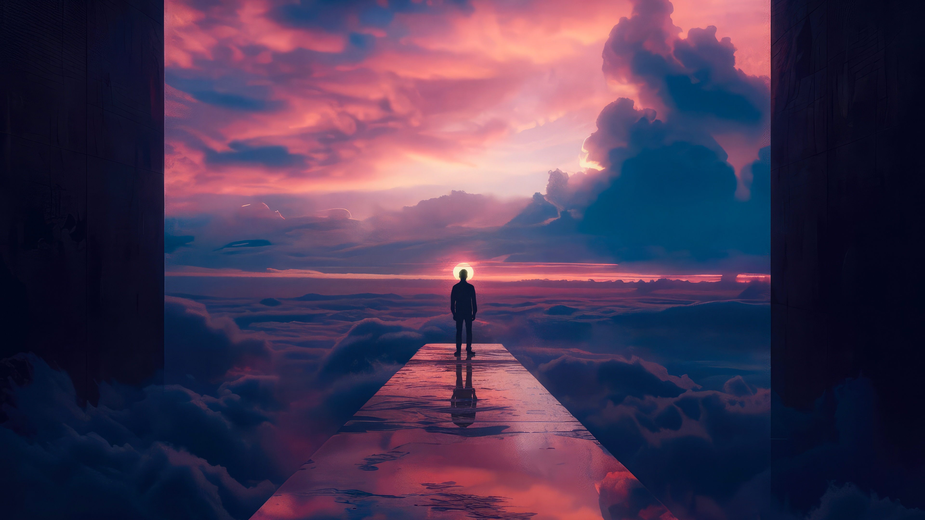 Man Standing on a Path Above Clouds at Sunset HD Wallpaper