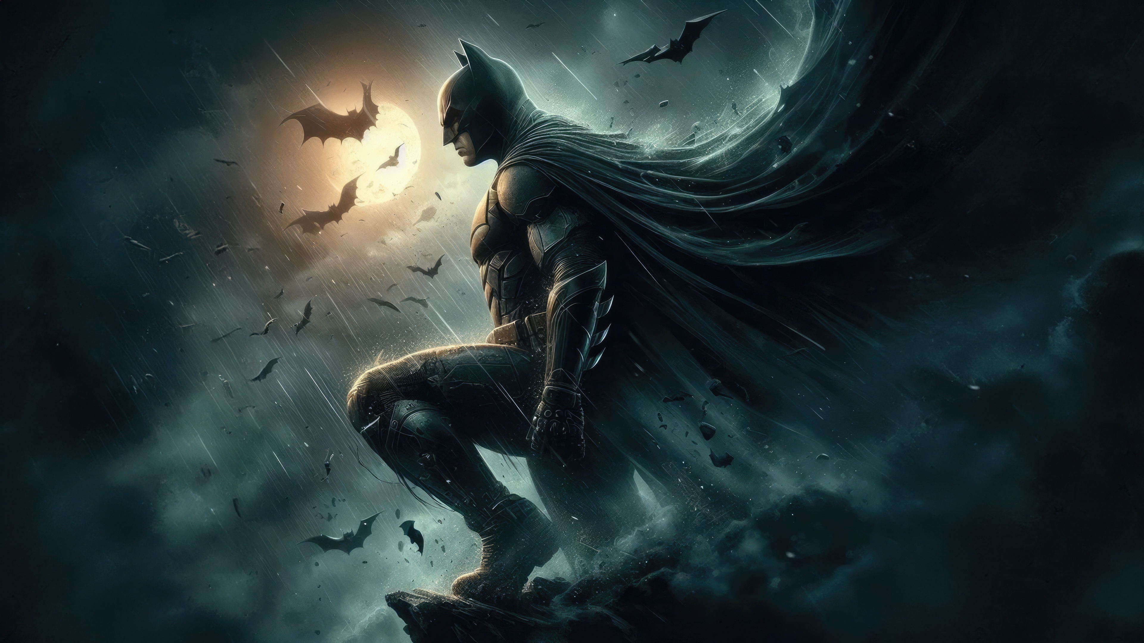 Batman in the rain with bats and moon HD Wallpaper
