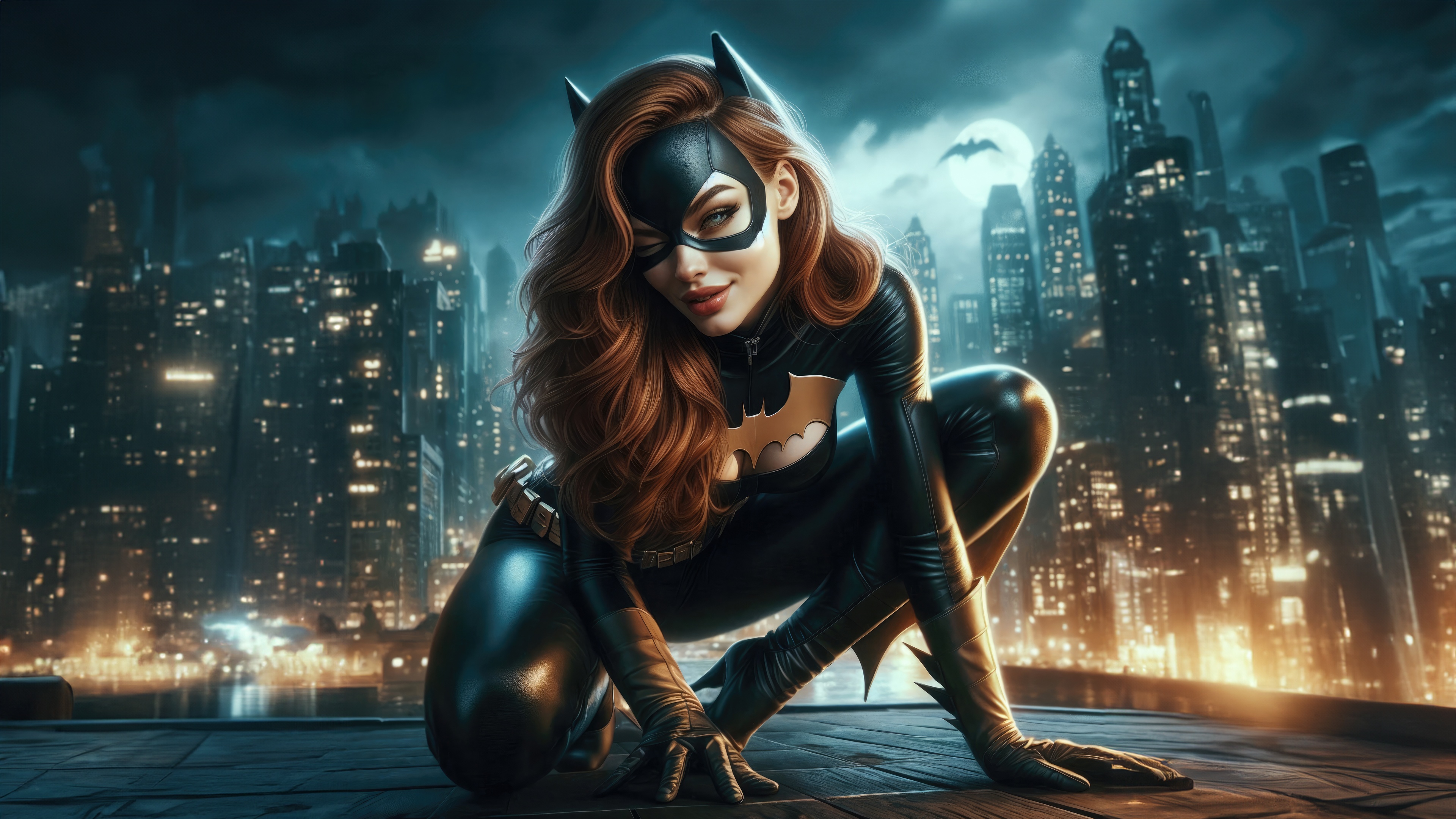 Batgirl crouches on a rooftop overlooking a city at night HD Wallpaper