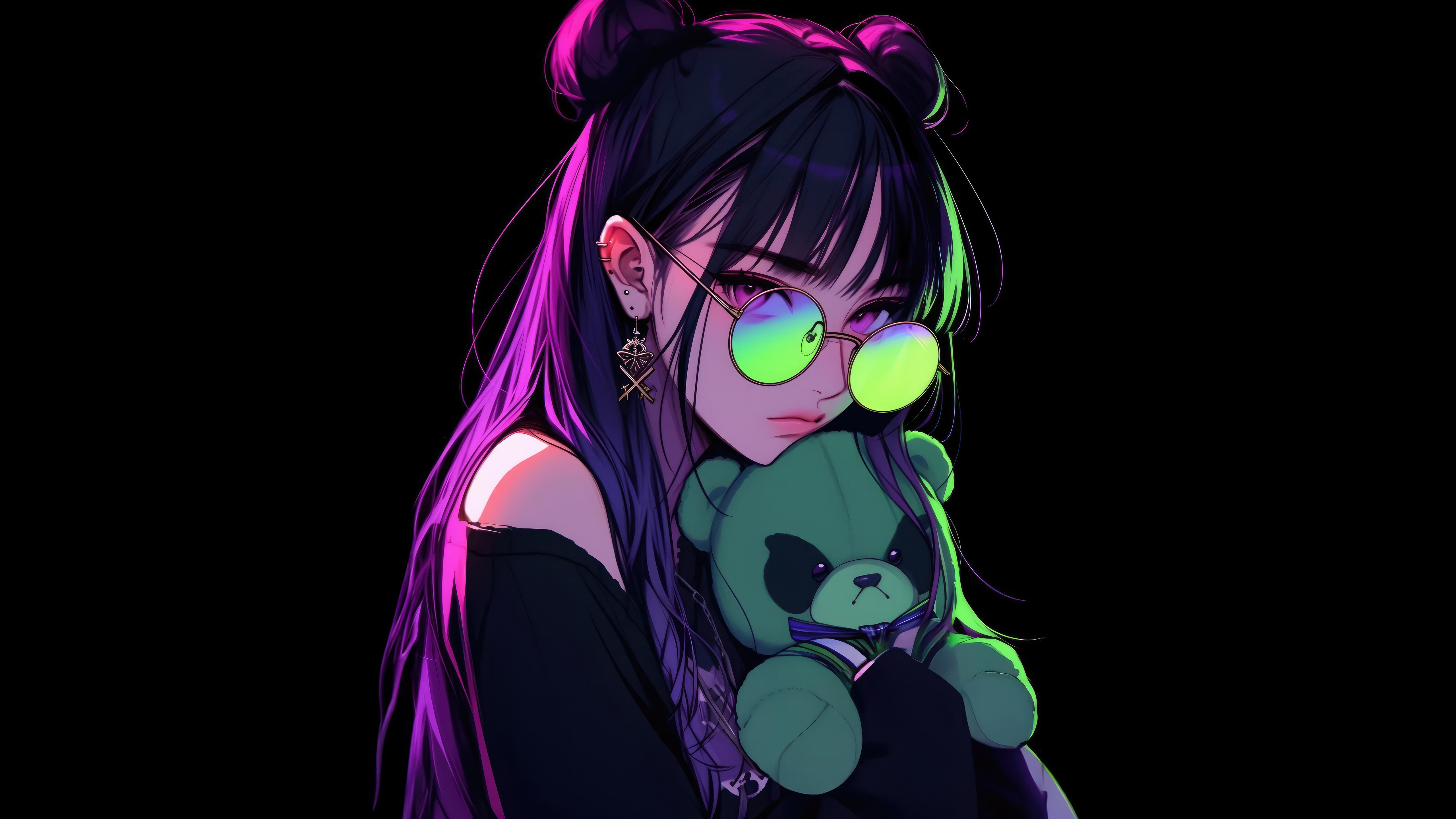 Kawaii Neon Girl Holding a Teddy Bear HD Wallpaper