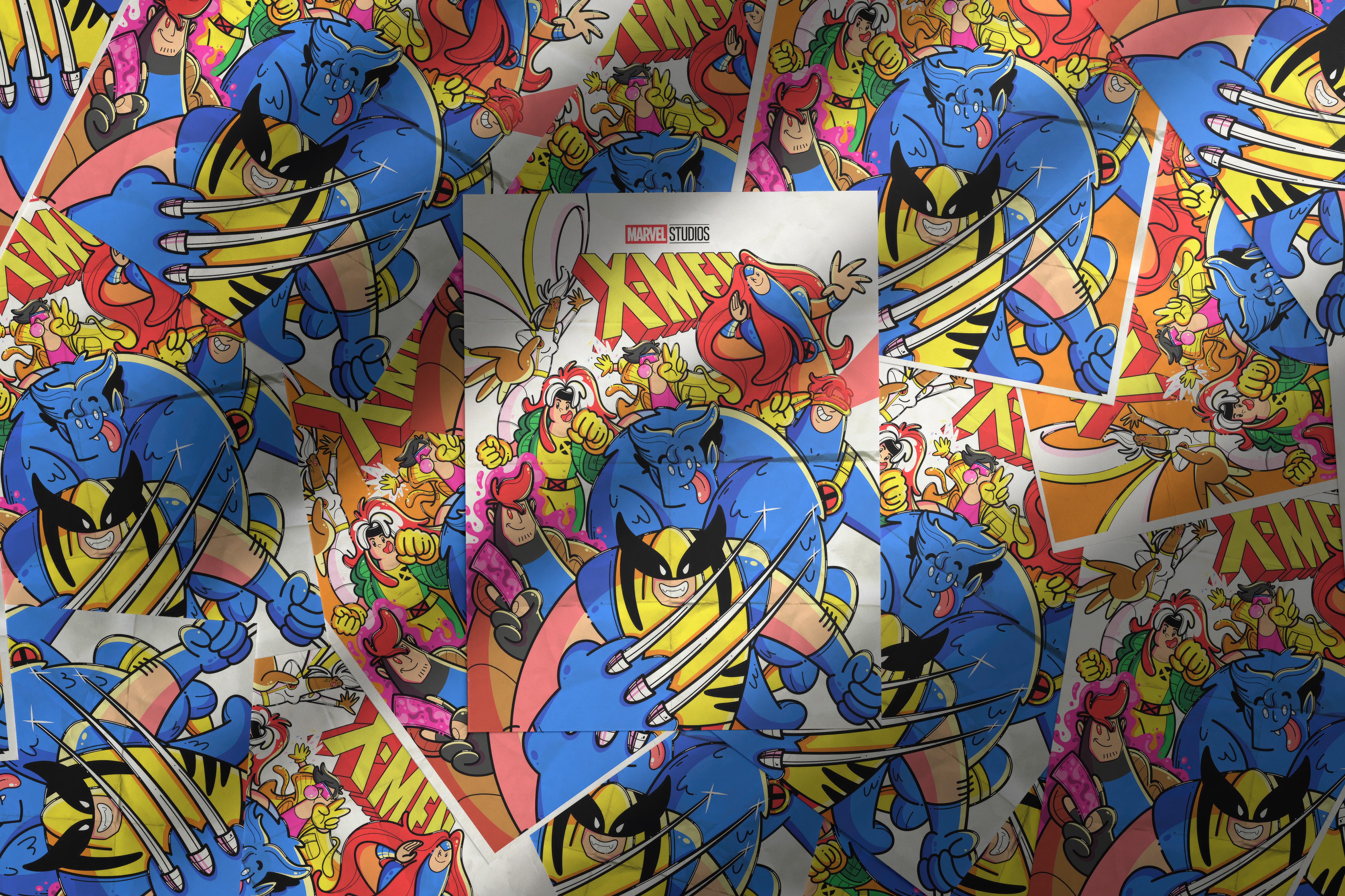 X-Men characters in a cartoon style collage HD Wallpaper