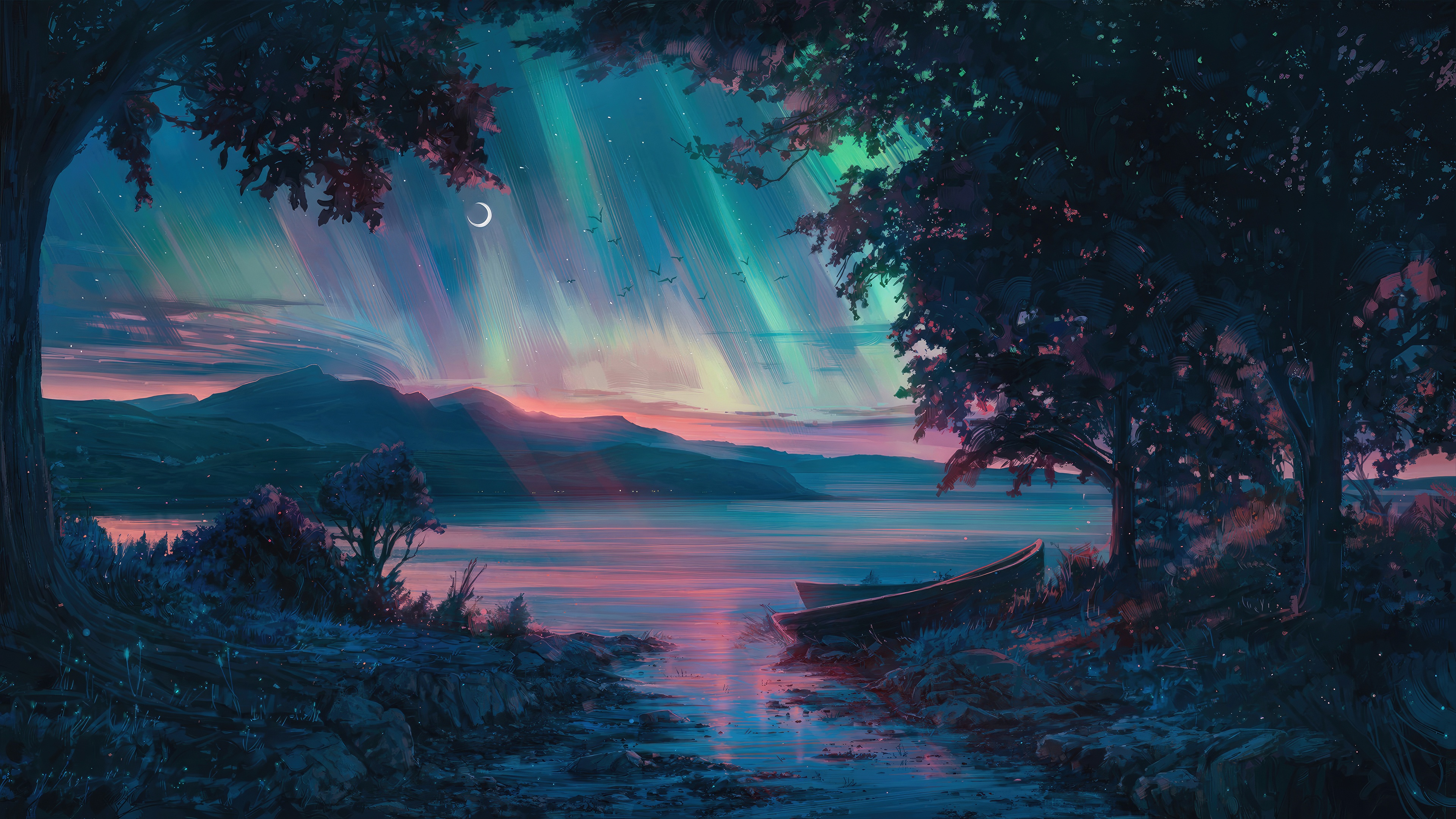 Scenic Boat Ride Under Aurora Borealis HD Wallpaper