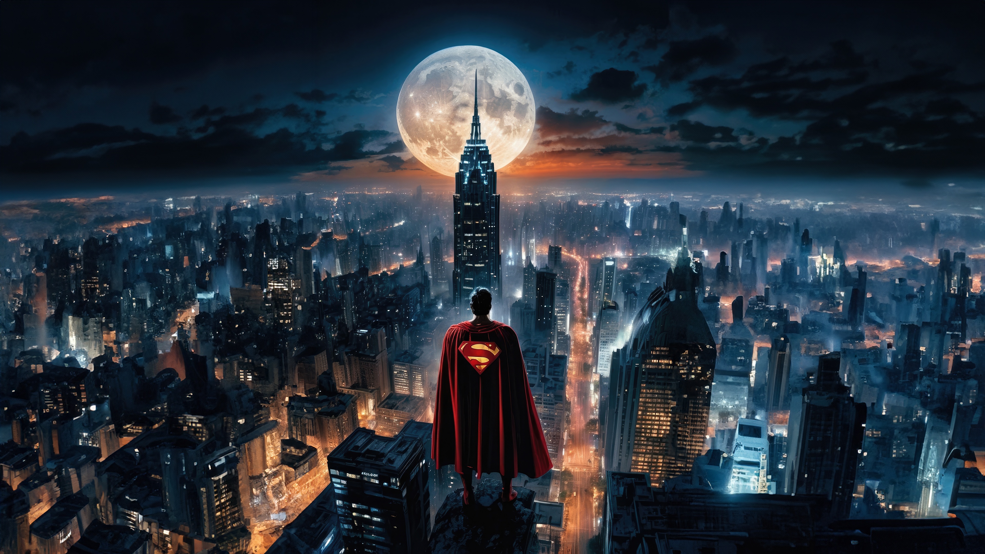 Superman overlooking a futuristic city at night HD Wallpaper