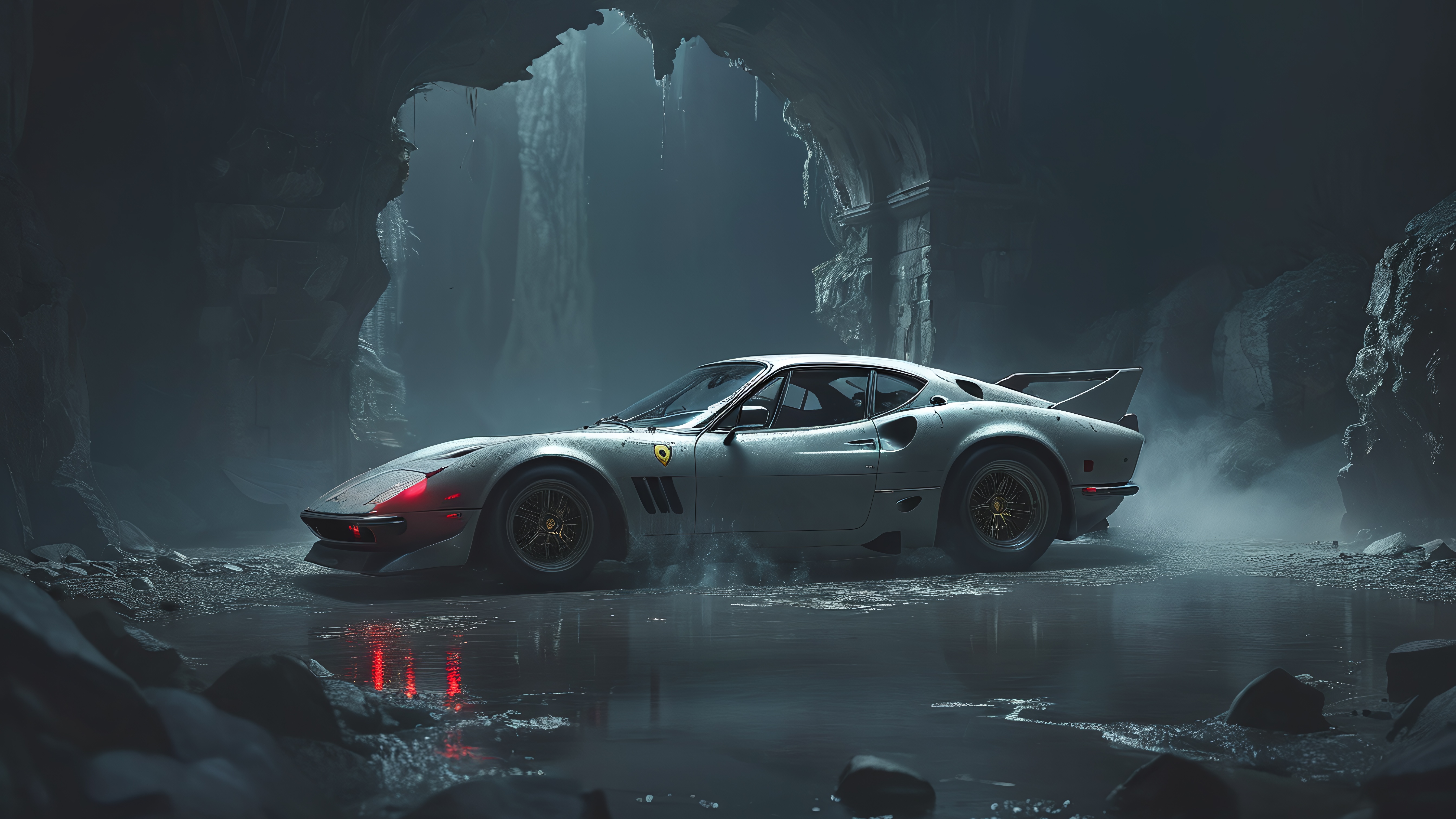 Silver Ferrari 365 GT4 BB in a dark cave HD Wallpaper